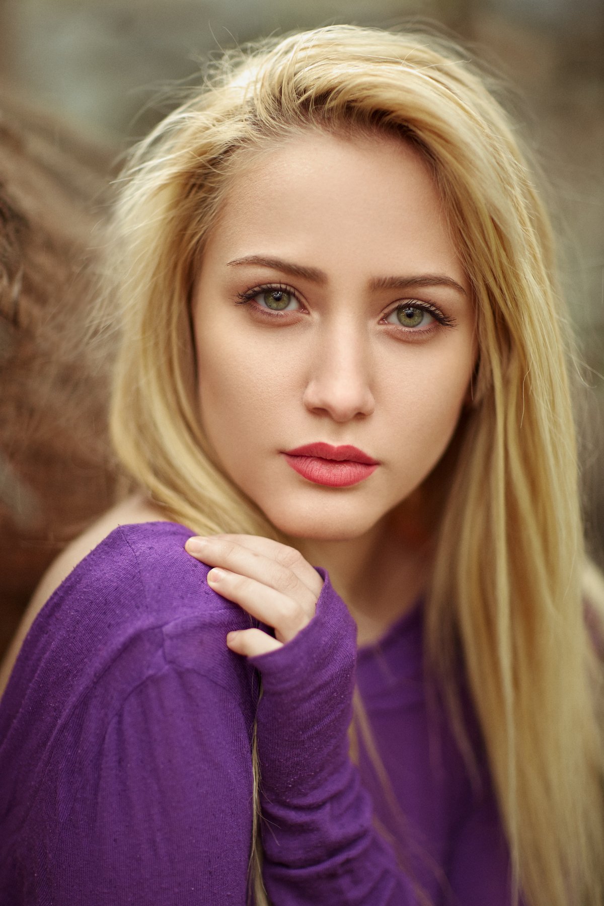 Model Purple Dresses Red Lipstick Blond Hair Portrait Violet Clothing Closed Mouth 1200x1800