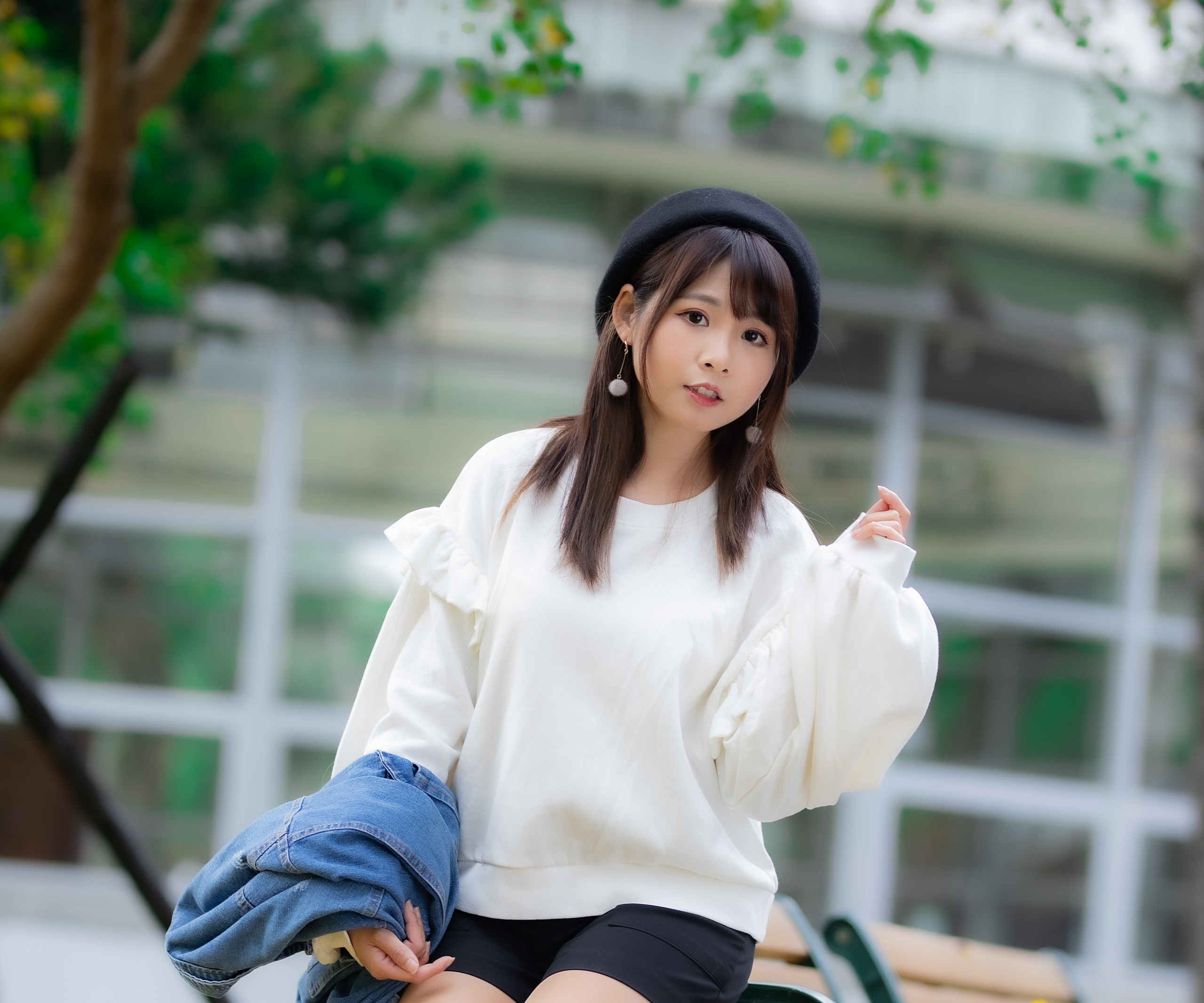 Asian Model Women Long Hair Brunette Depth Of Field Berets Jeans Jacket Trees Earring Pullover Black 2560x2133