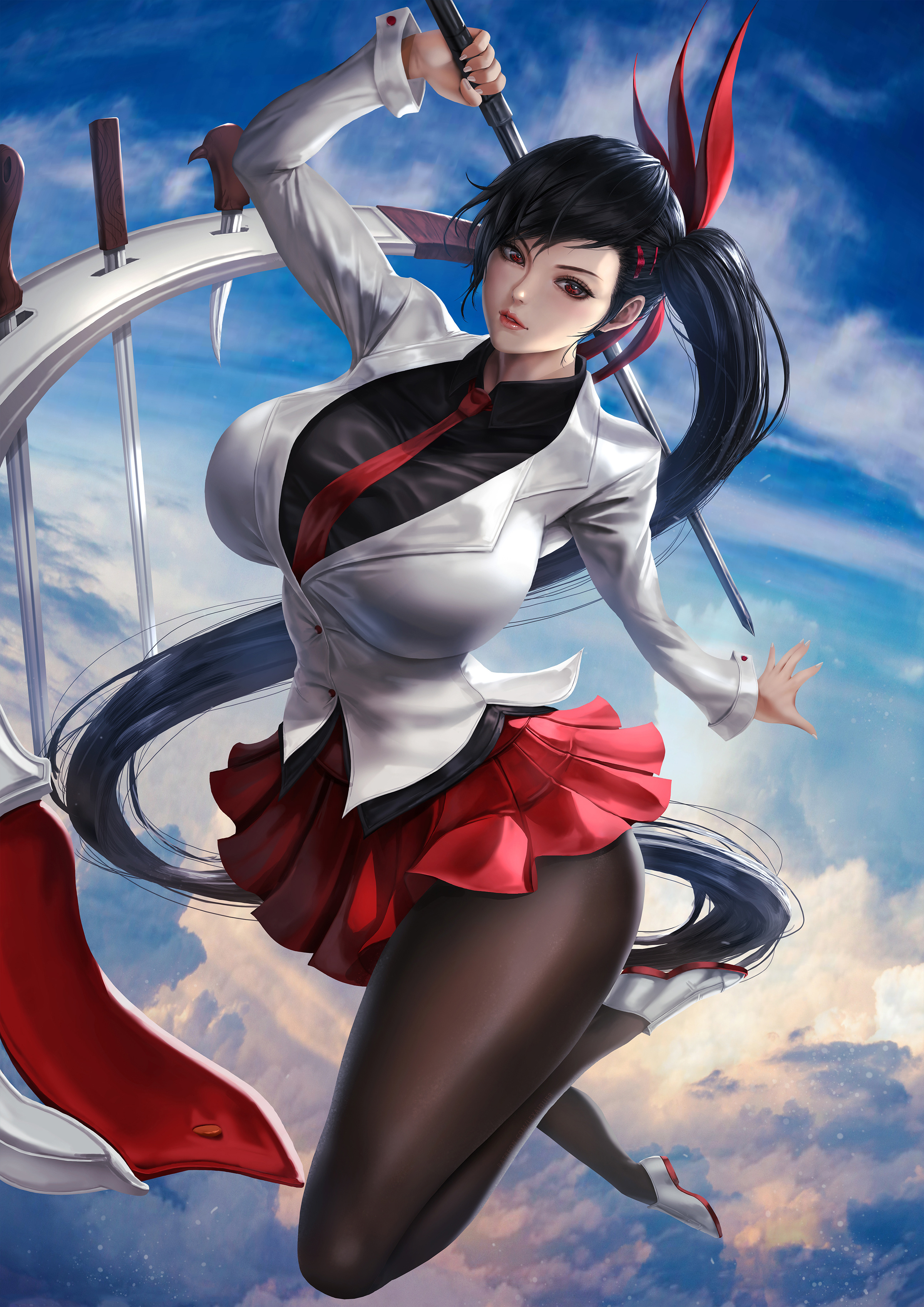 Ha Yuri Zahard Lexaiduer Anime Girls Sky Clouds Katana Womens Suit Illustration Fan Art Digital Art  2400x3395