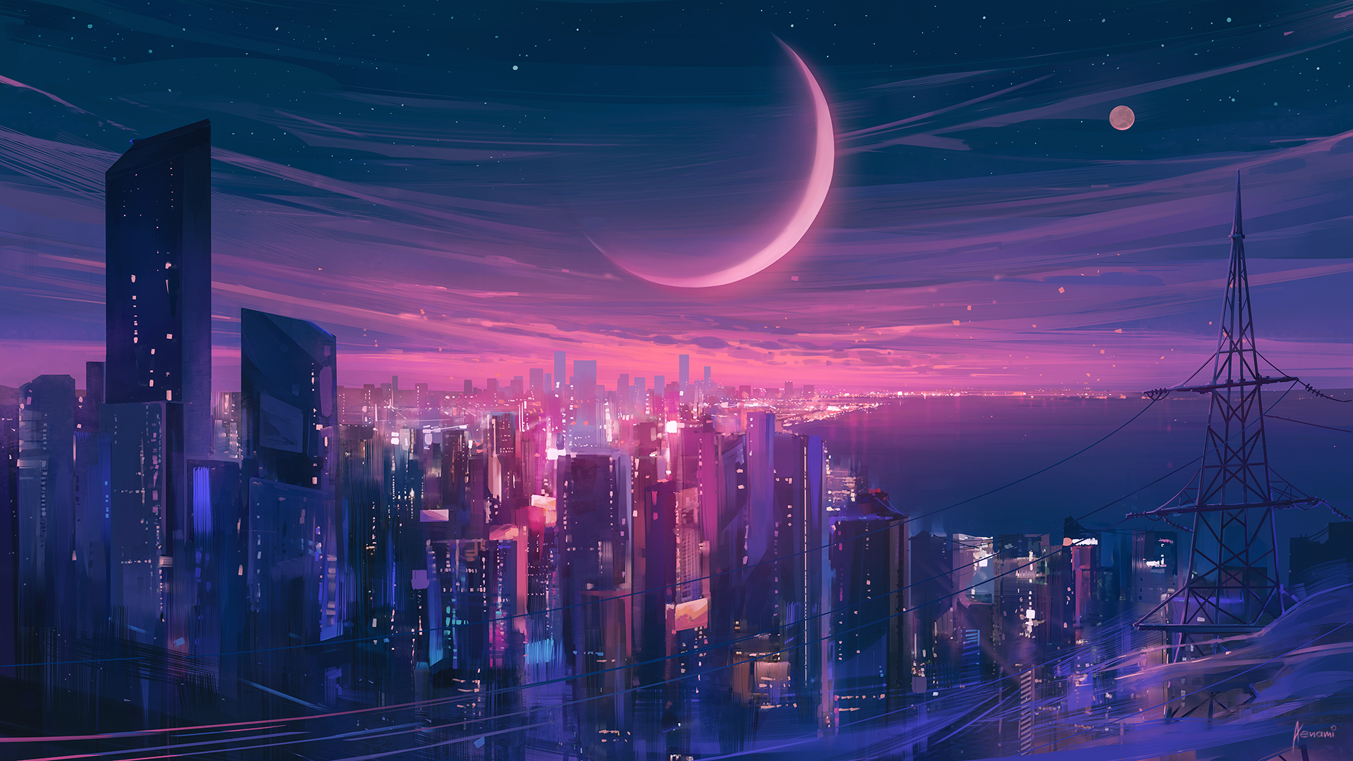 Digital Art Cityscape Night Moon Sky Aenami 1920x1080