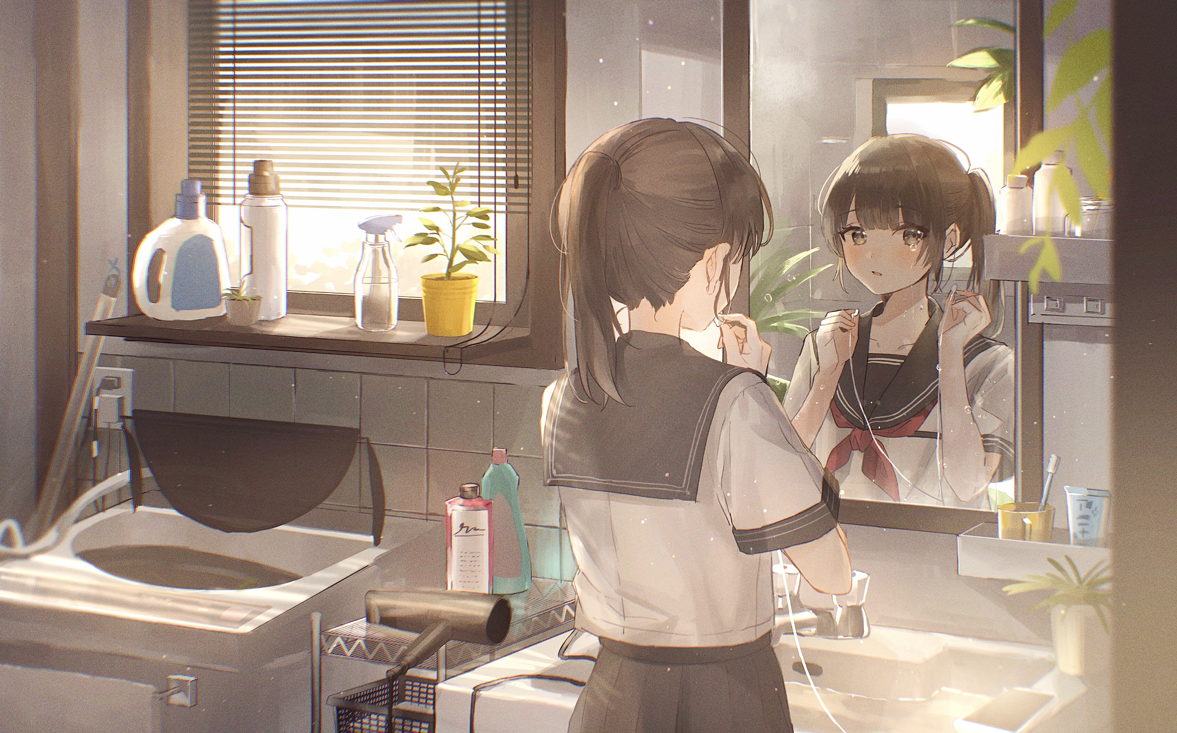 Anime Anime Girls Oyuyu In Bathroom Mirror Reflection Earphones Tears Brunette Ponytail School Unifo 4096x2550