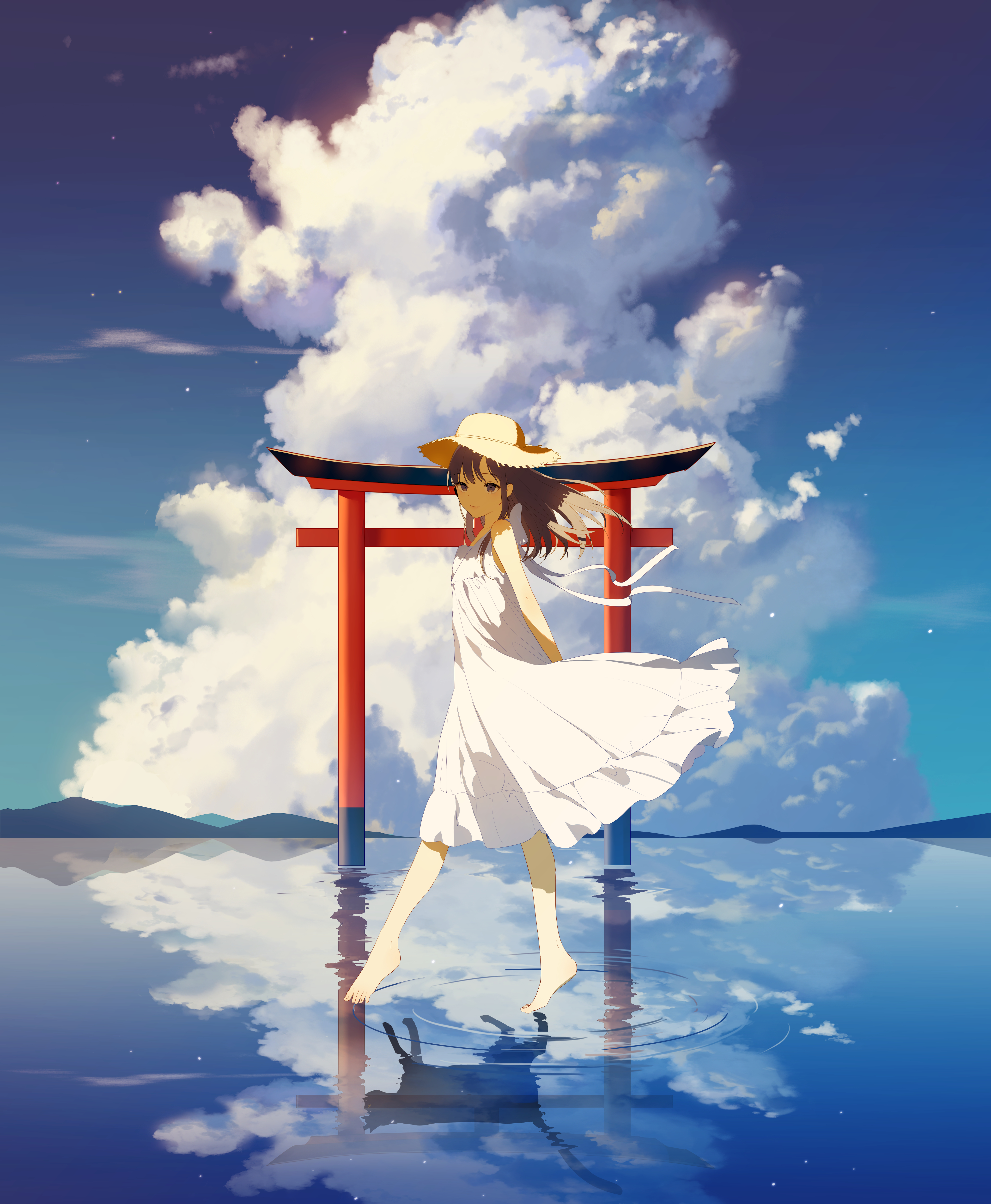 Portrait Display Anime Anime Girls Torii Clouds Zhibuji Loom Dress White Dress Sun Dress Barefoot Ha 4127x5015