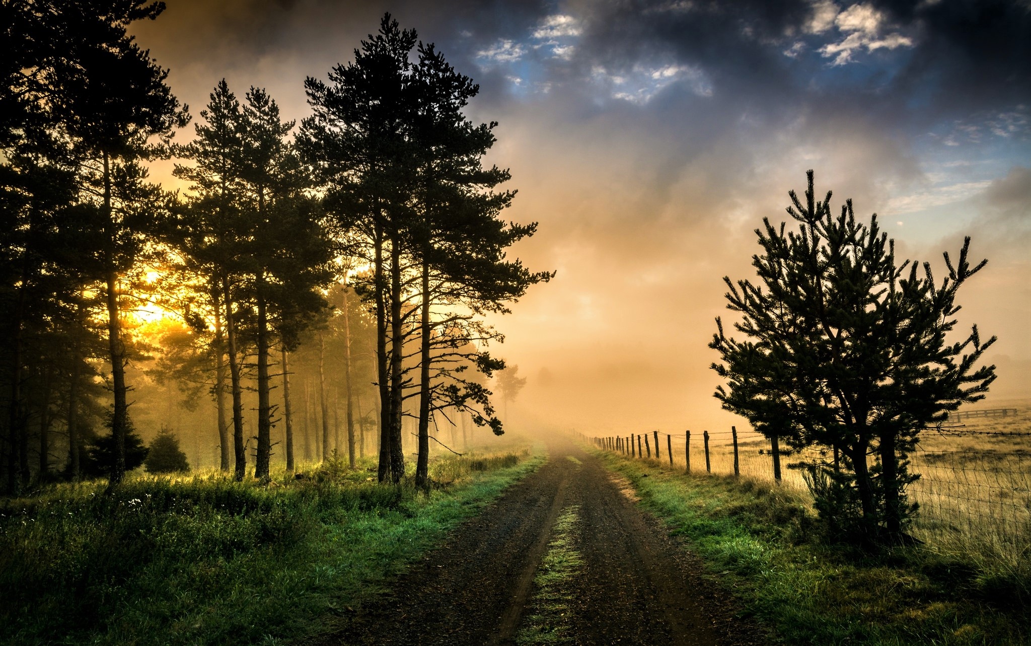 Country Dirt Road Fence Field Fog Grass Road Tree 2048x1283