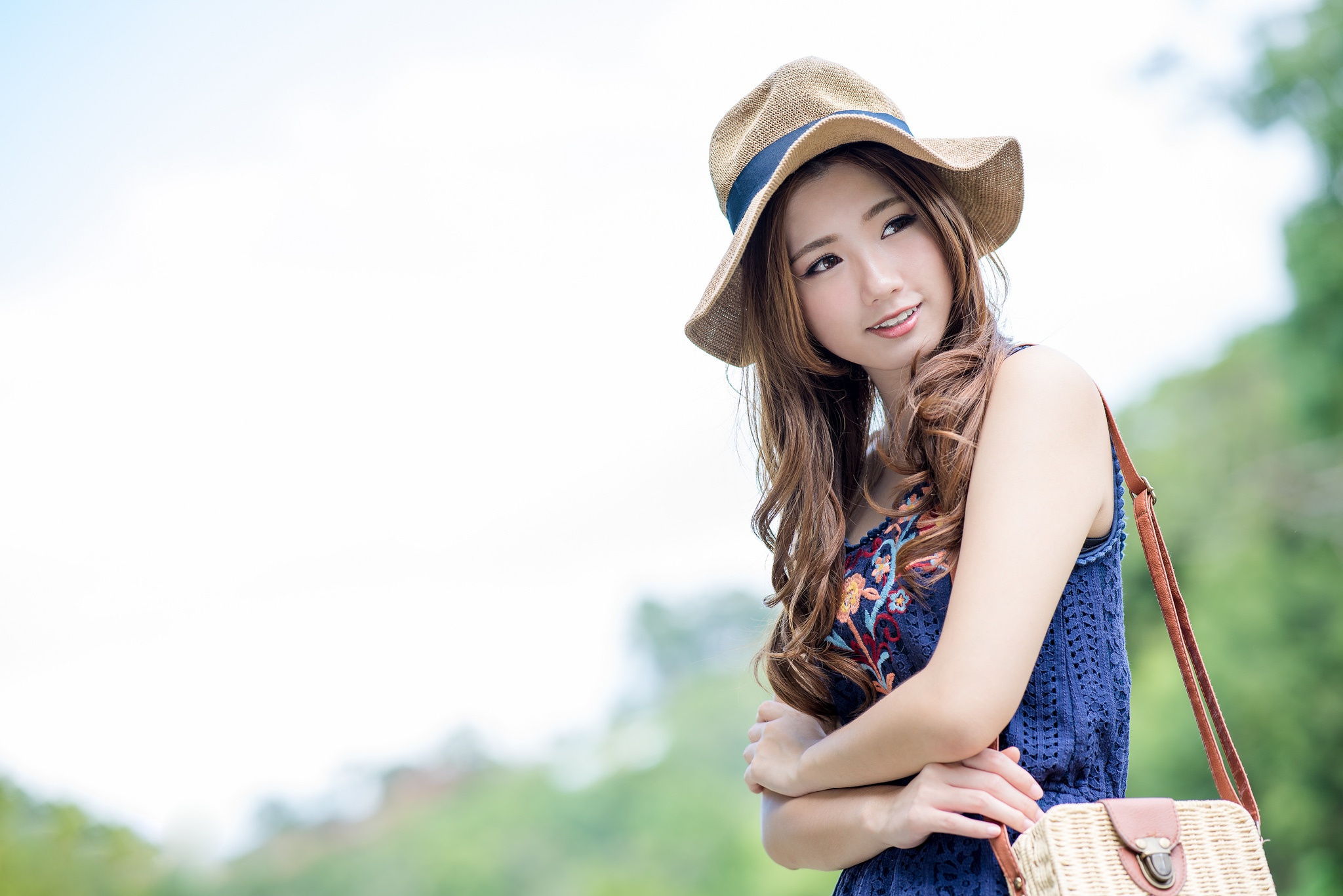 Asian Brown Eyes Brunette Depth Of Field Girl Hat Model Smile Woman 2048x1367