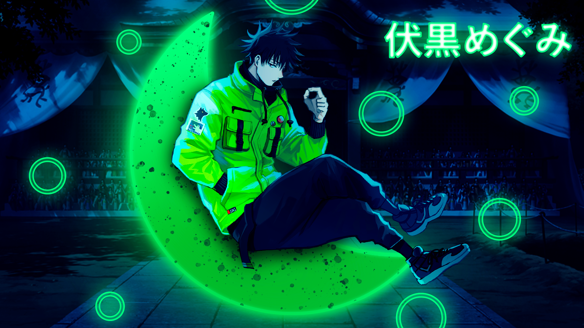 Megumi Fushiguro Jujutsukaisen Glowing Circle Half Moon Green Jacket Anime Design Anime Boys Kanji 1920x1080