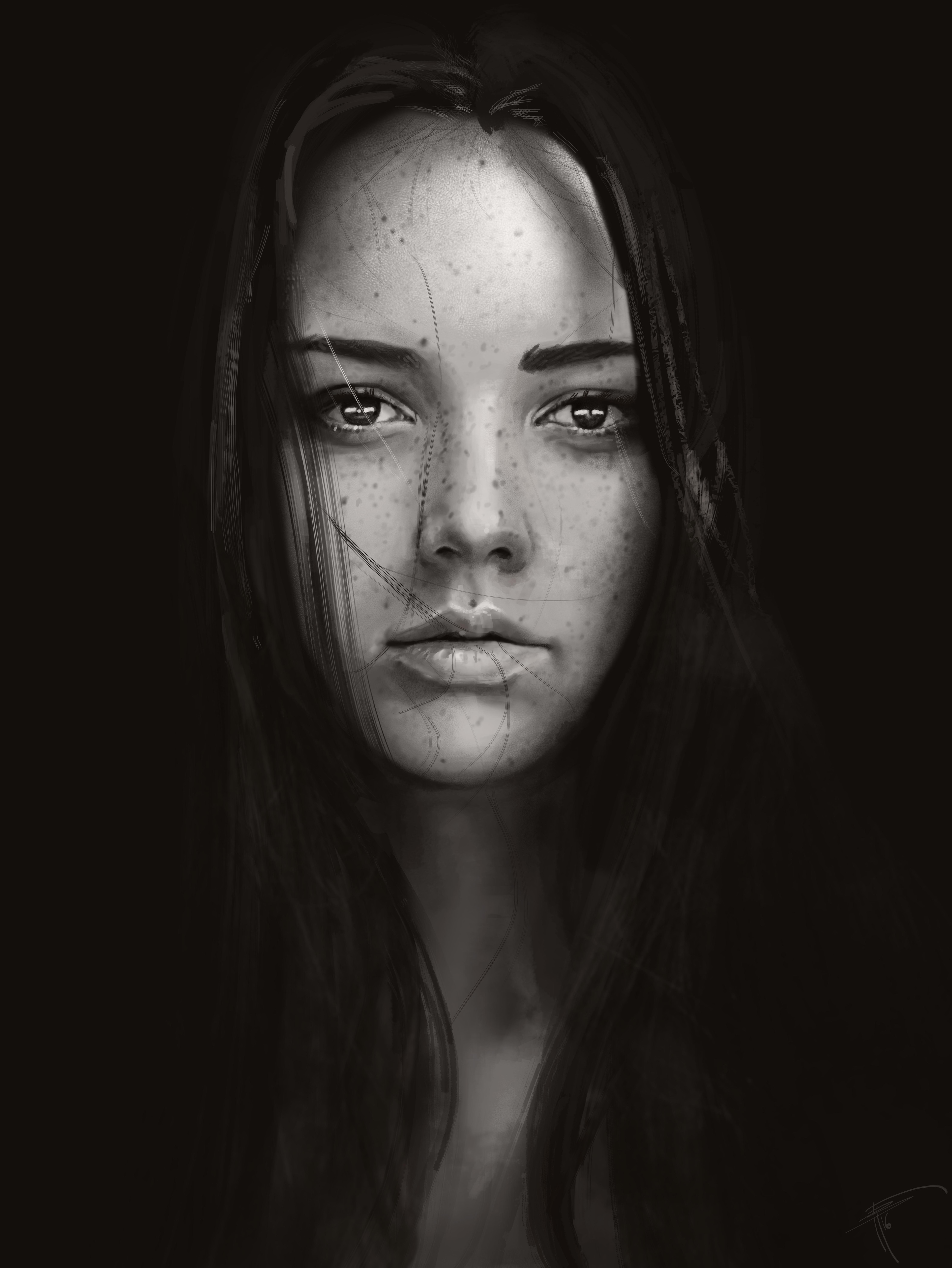 ArtStation Drawing Portrait Portrait Display Monochrome Freckles Women Looking At Viewer Digital Art 3840x5112