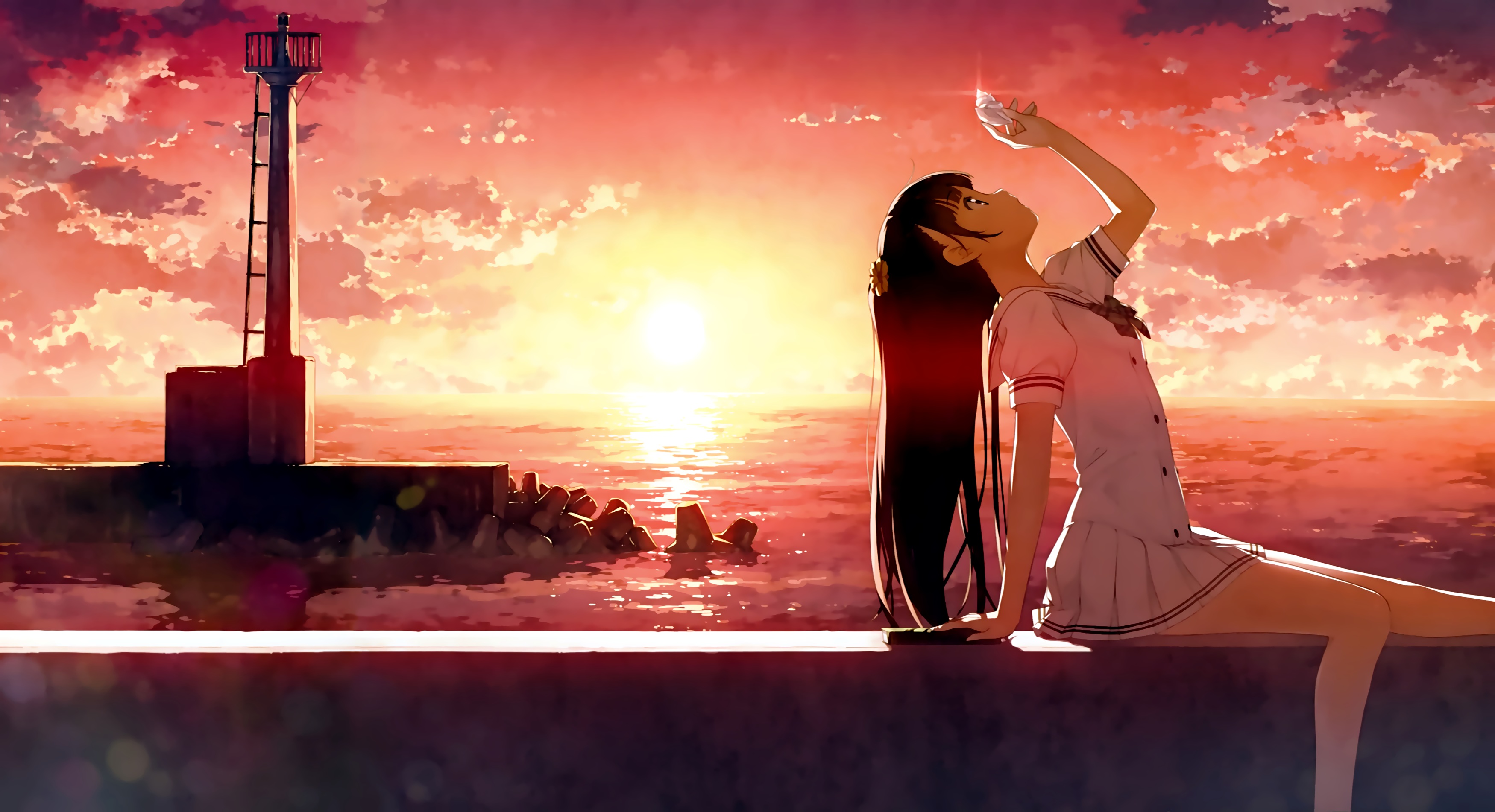 Anime Anime Girls Kantoku Nagisa Kantoku Sunset Sky Water 3500x1902