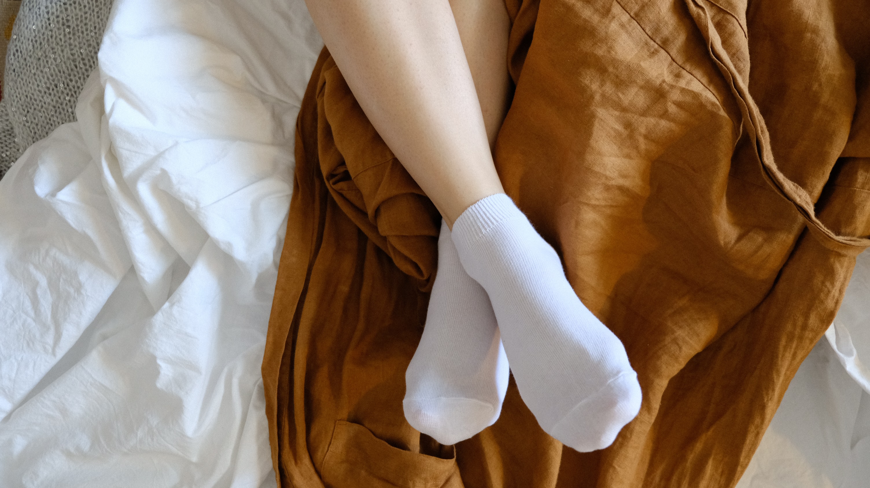 Socks White Socks Short Socks Legs Feet In Bed Linen Robe High Angle Feet Crossed Women Model Women  3008x1688