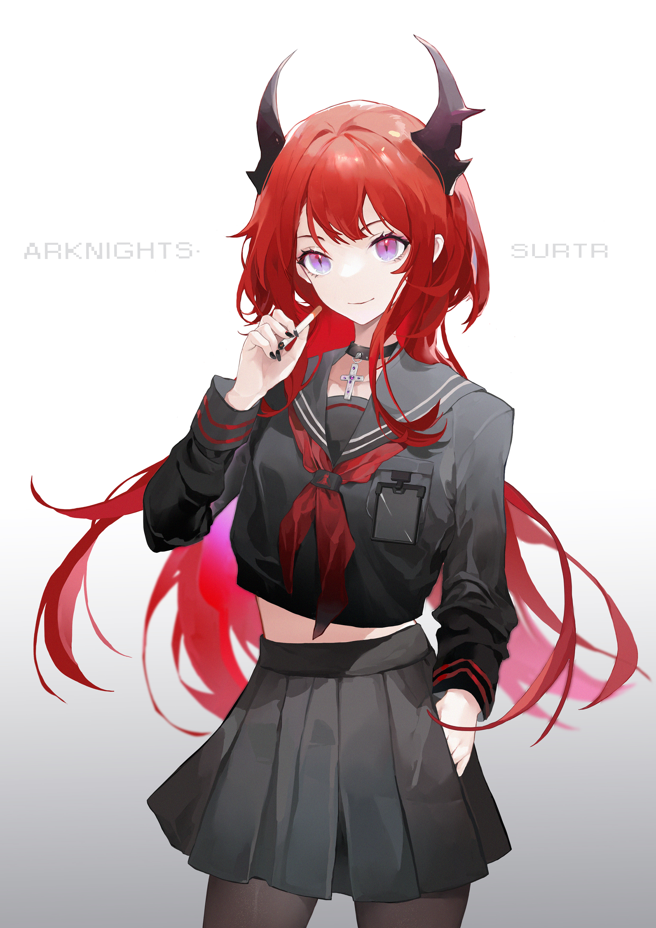 Anime Anime Girls Bowco Arknights Surtr Arknights Redhead Horns Purple Eyes School Uniform 2200x3112
