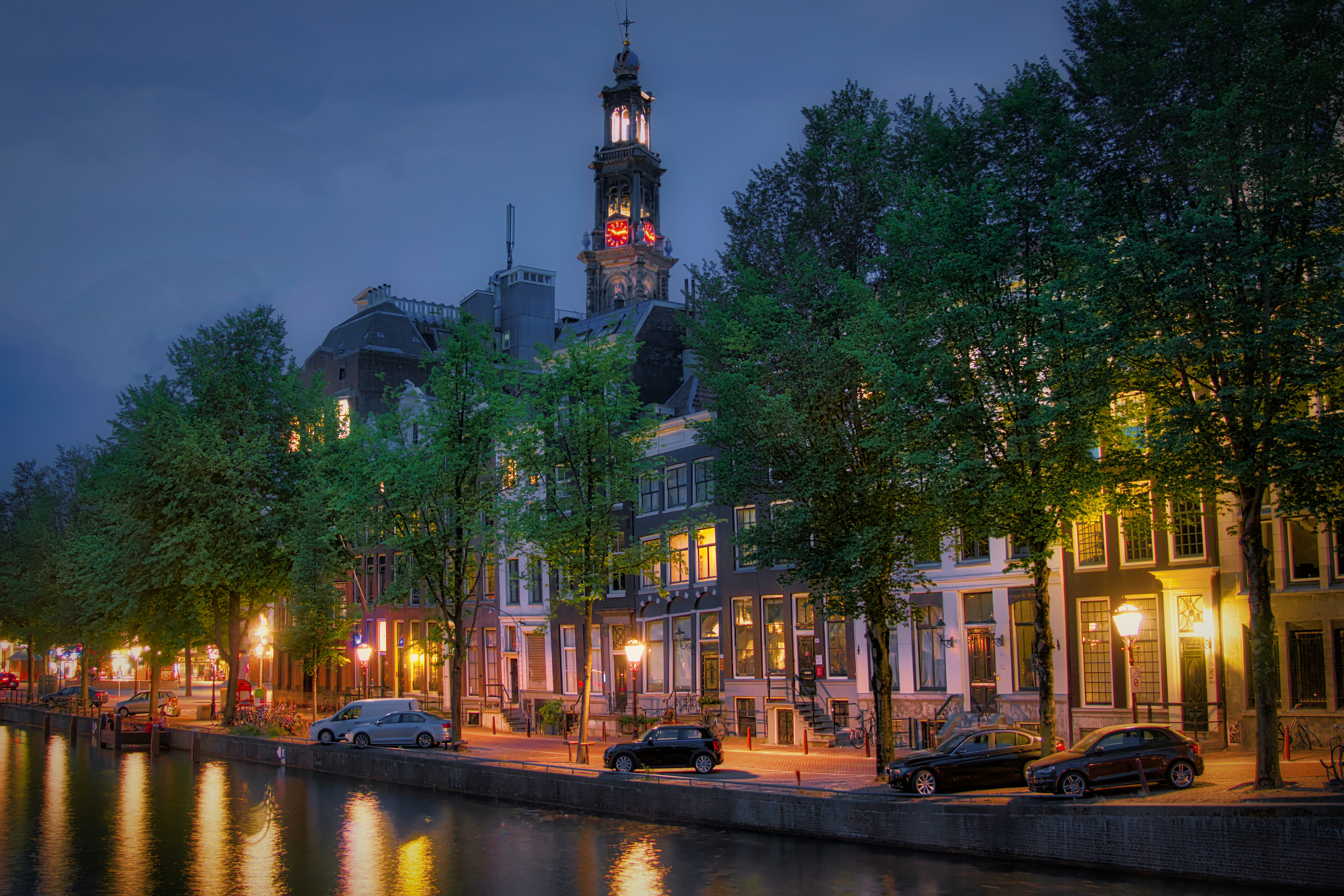 Amsterdam Canal Car City Clock Evening House Netherlands Tower 6000x4000