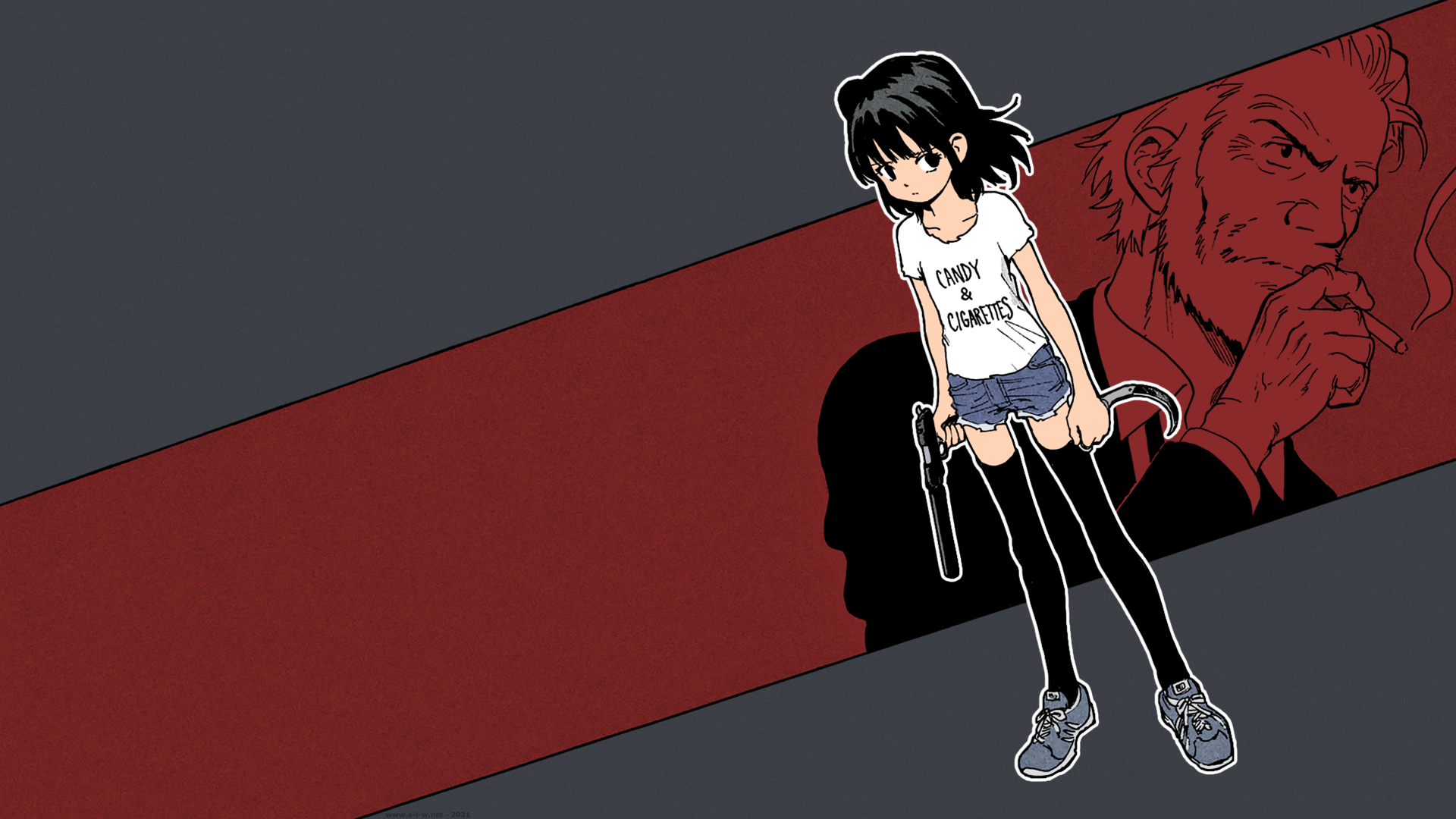 Candy Cigarettes Inoue Tomonori Miharu Suzukaze Short Hair Black Hair Short Pants Pistol Knife Anime 1920x1080