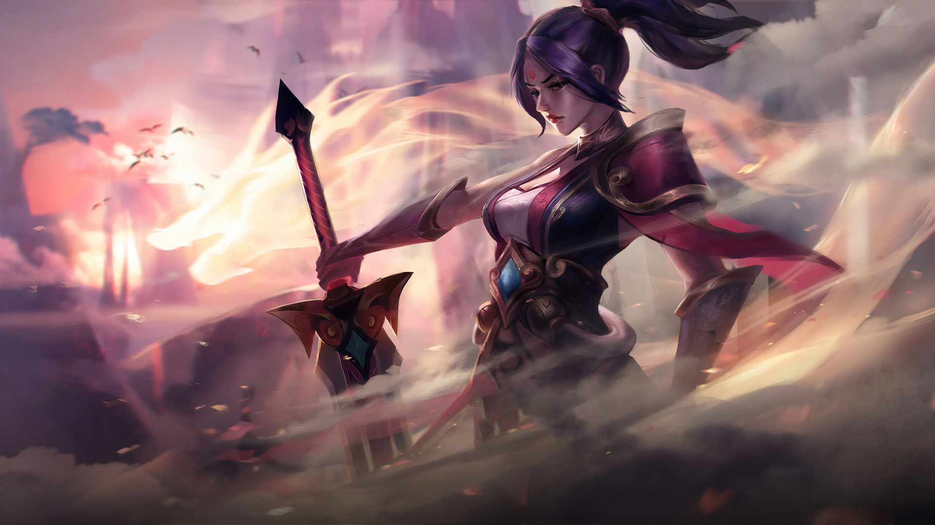 Riven Riven League Of Legends League Of Legends Sword Artwork Smoke Background Girl With Weapon 1920x1080