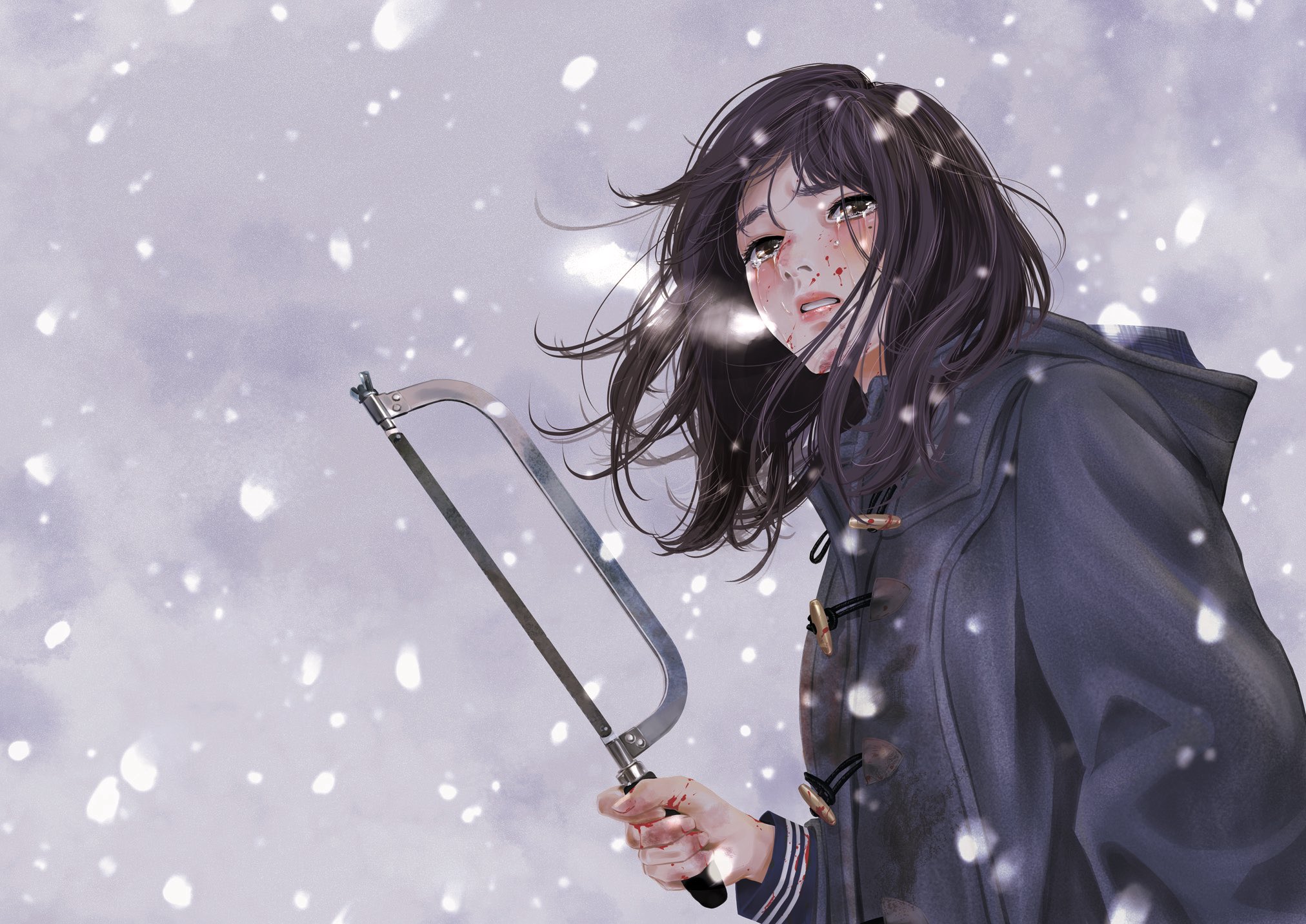Anime Anime Girls Crying Dark Hair Winter Snow Tools Coats Dark Eyes Non Artist 2024x1433