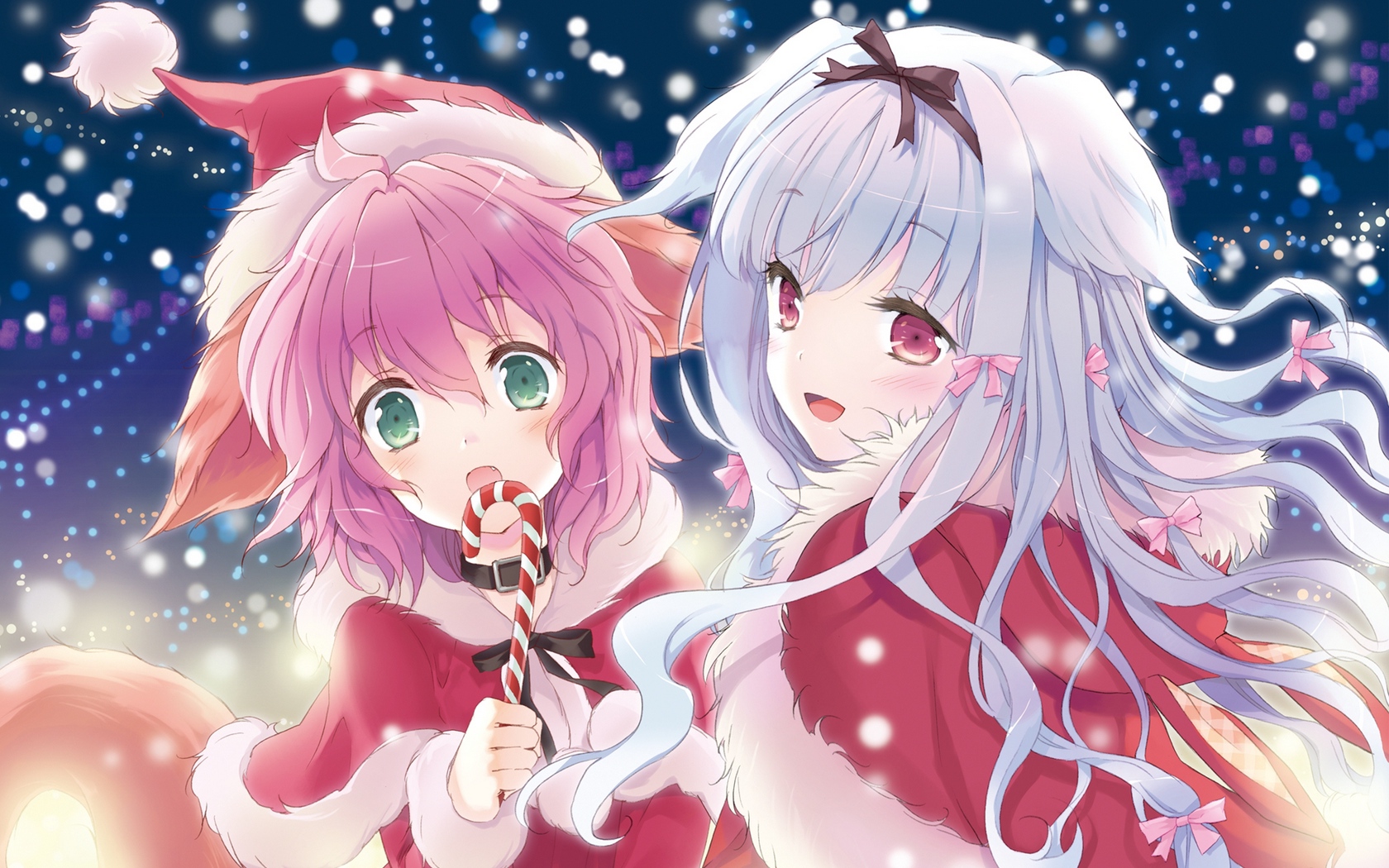 Anime Girls Christmas Christmas Clothes Snow Green Eyes Pink Hair White Hair Happy Animal Ears Tail  1680x1050