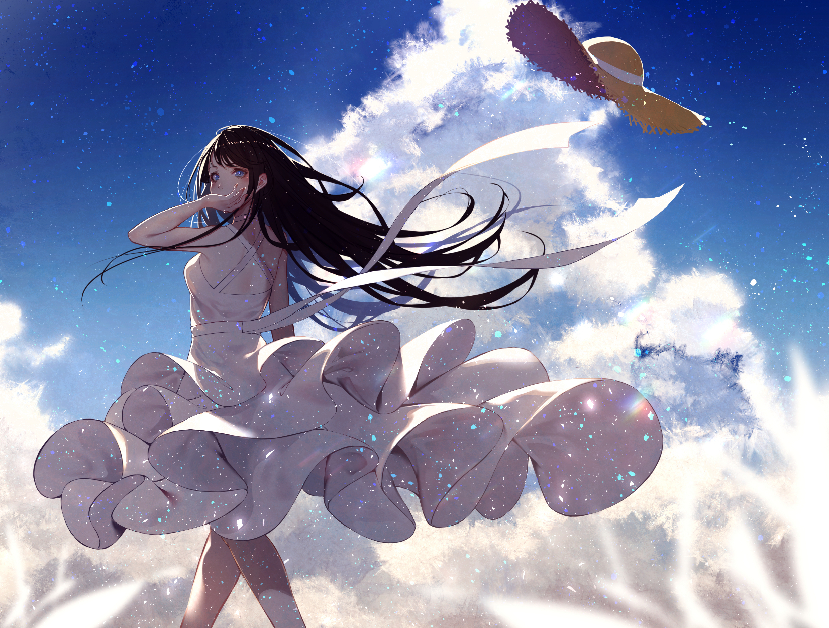 Anime Anime Girls Black Hair Long Hair Clouds Hat Ribbons Blue Eyes Sky Straw Hat Walking Looking At 1650x1250