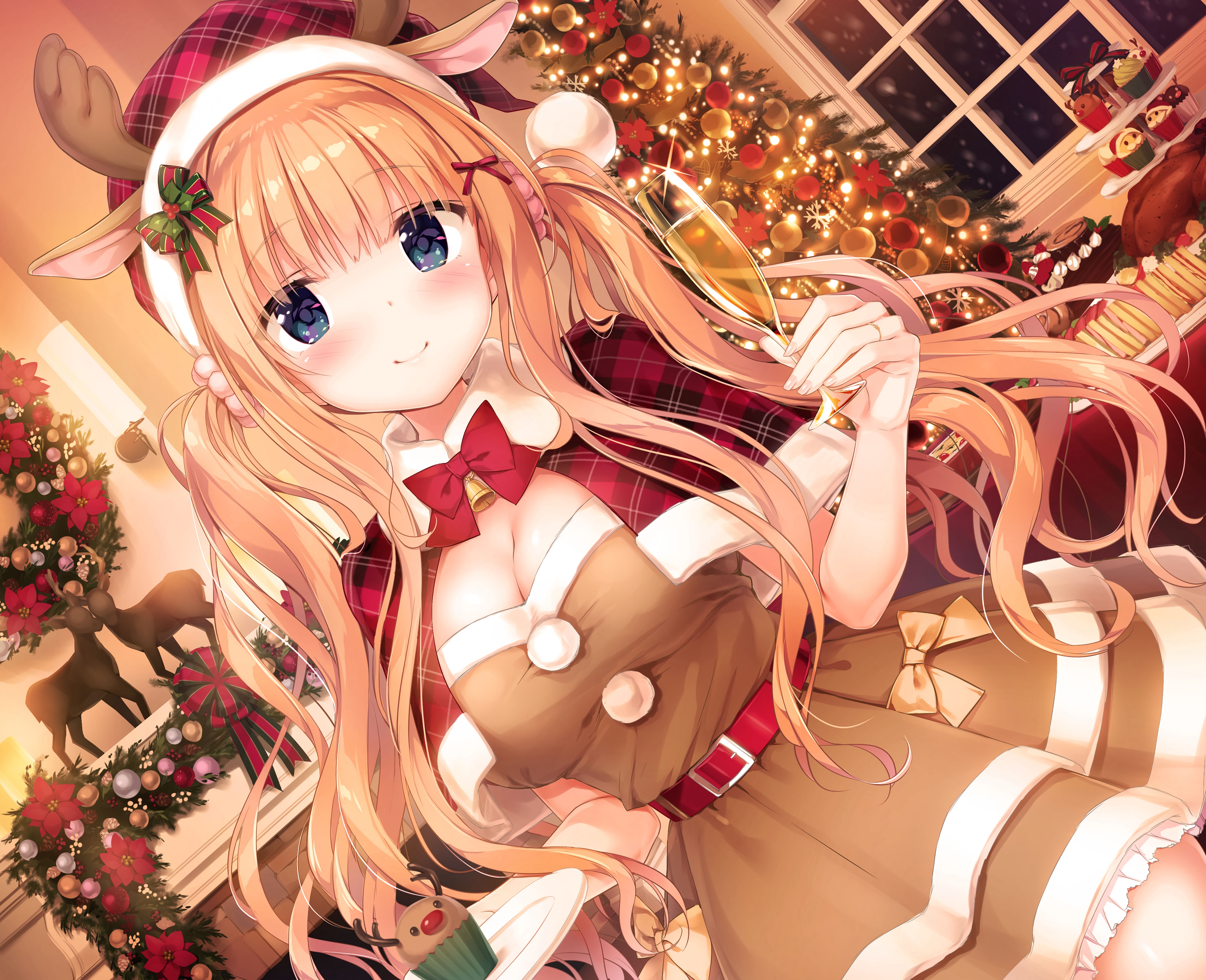 Anime Girls Santa Costume Christmas Tree Animal Ears Kimishima Ao Dress 2614x2125
