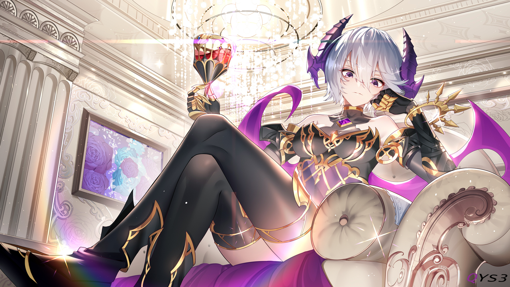 Anime Anime Girls Simple Background Horns Short Hair QYS3 Masterwork Apocalypse Silver Hair Purple E 2000x1125