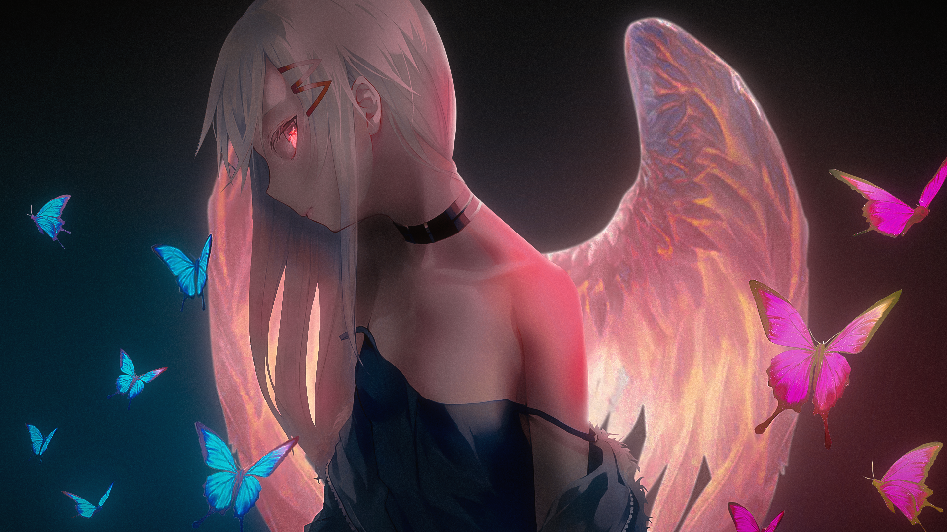 Anime Girls Color Correction Butterfly Wings Bare Shoulders White Hair Pink Eyes 1920x1080