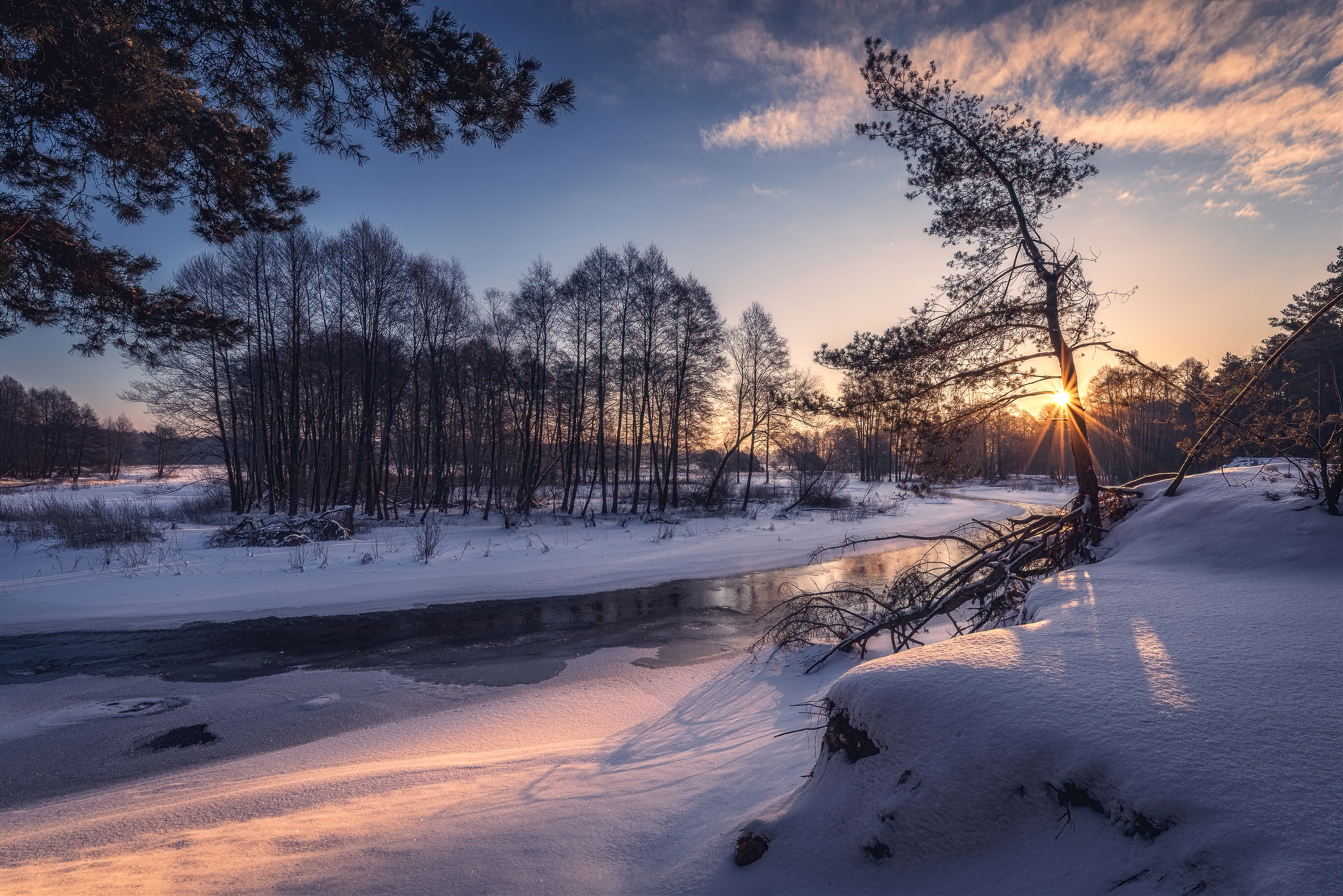 Winter Snow Snow Covered Trees Sunset Sunlight Clouds Sky Nature Outdoors Photography River Water Co 2048x1367