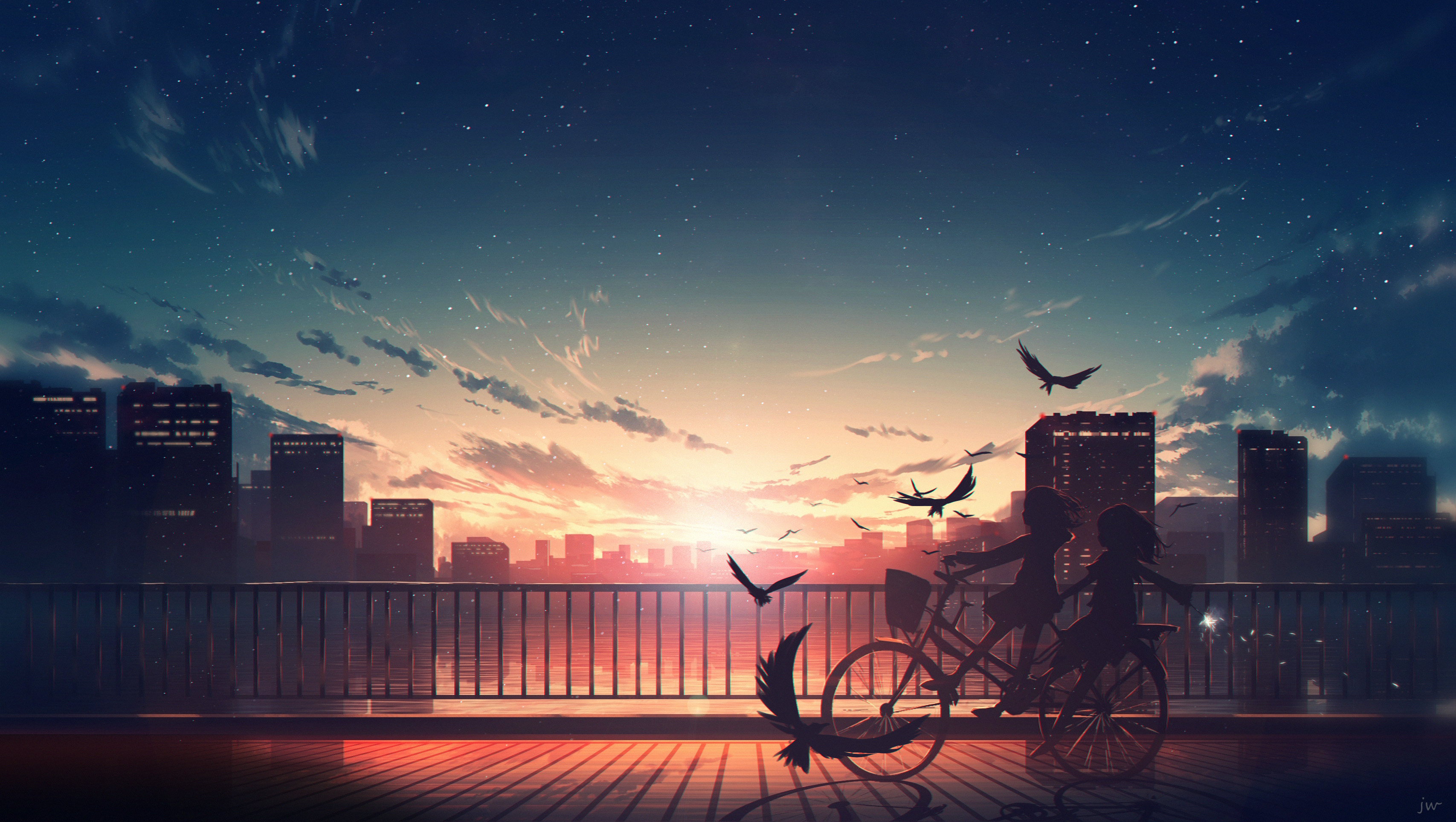 Sky Clouds Horizon Cityscape Sunset Bicycle Anime Girls HuashiJW 3414x1928