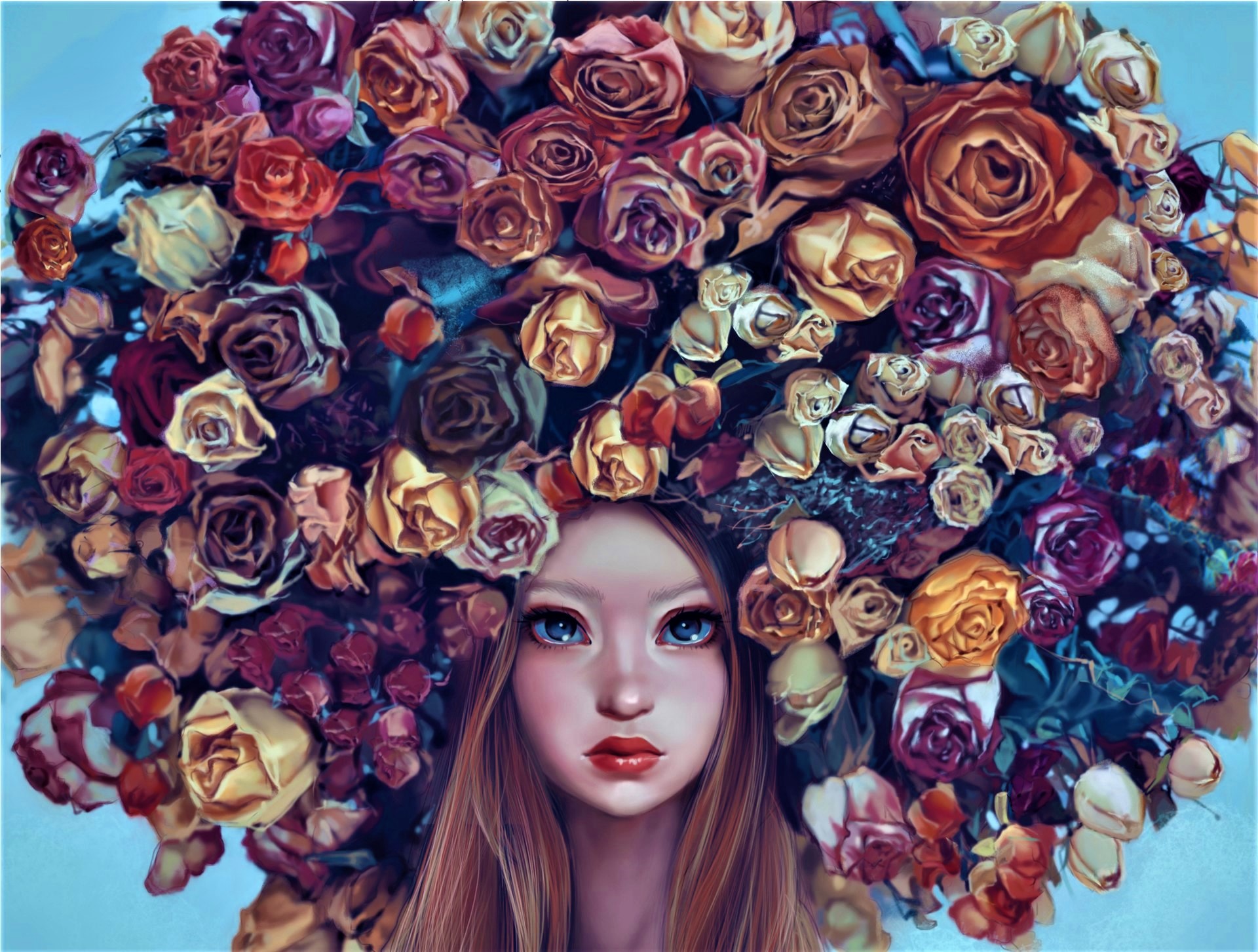 Artistic Blue Eyes Colorful Fantasy Flower Girl Head Lipstick Rose 1920x1453