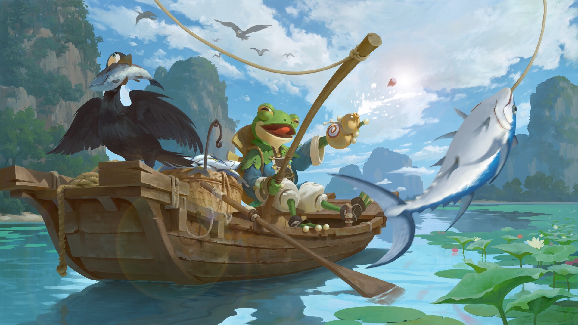 Yeonji Rhee Digital Art Fantasy Art Boat Paddle Frog Fishing Fish Birds Mountains Lily Pads Fishing  1920x1080
