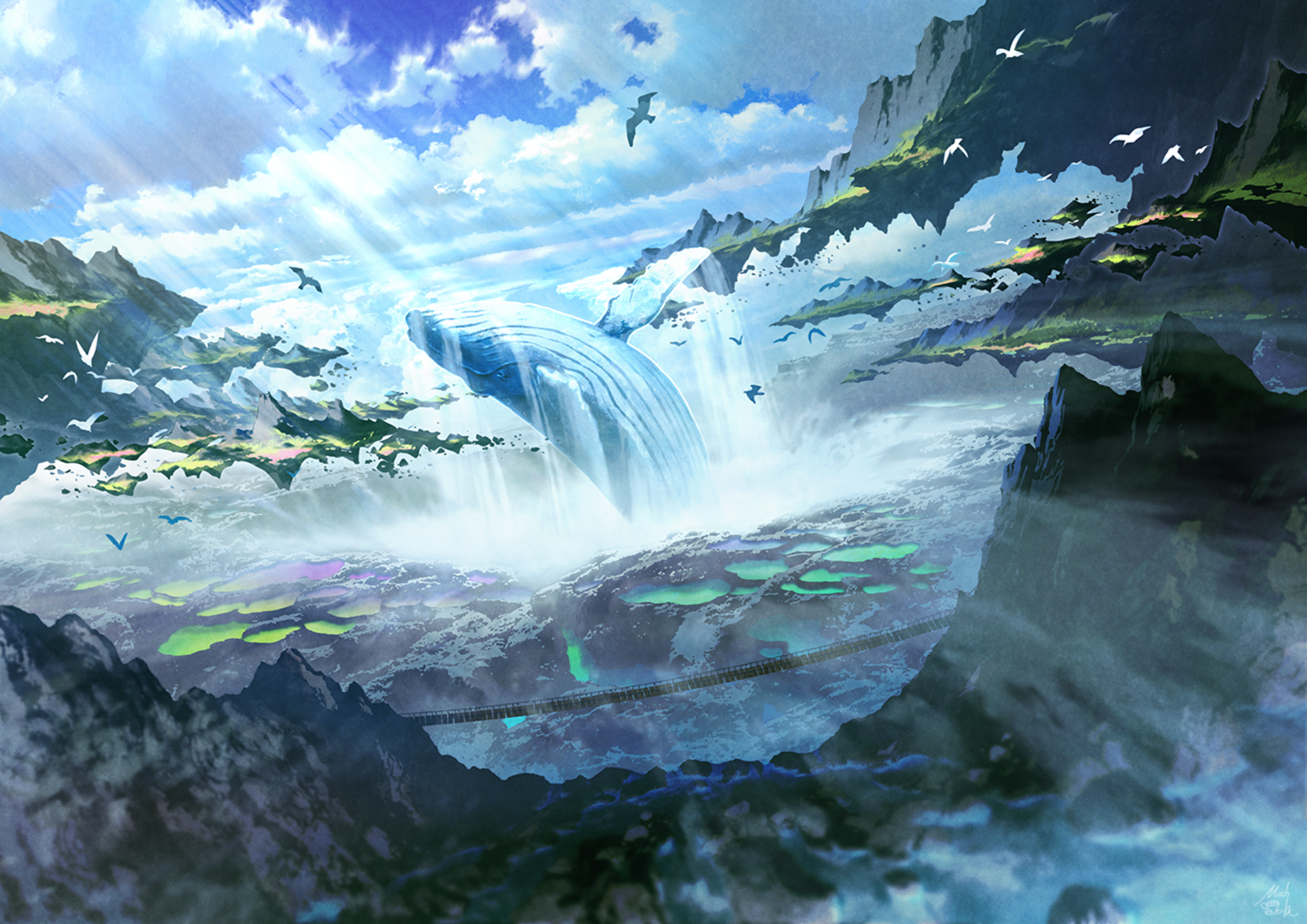 KREA - a colourful ultradetailed anime illustration of floating island in  the sky, a giant whale skims out of the water, summer, by makoto shinkai,  anton fadeev, thomas kinkade, and james gilleard,