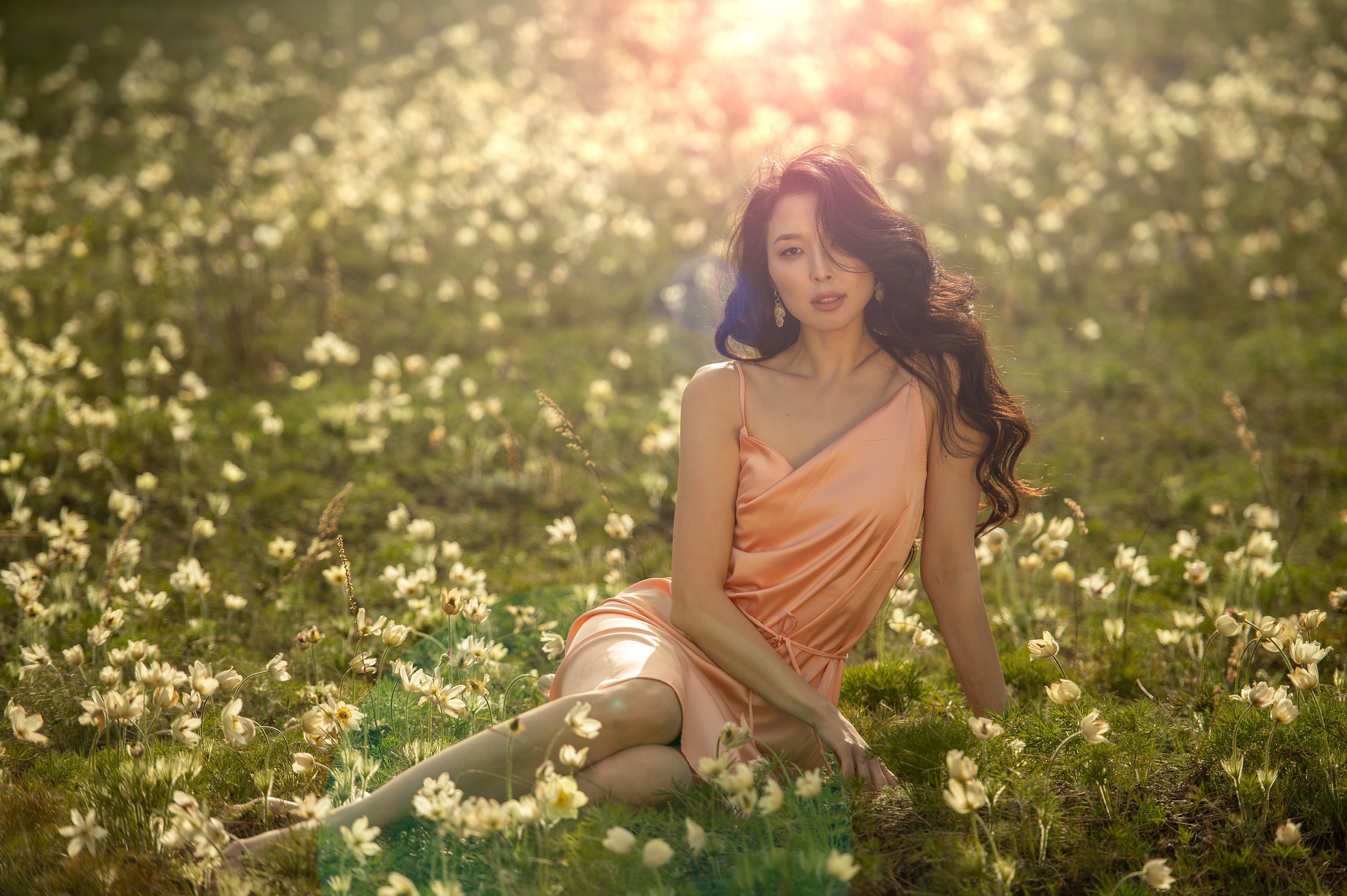 Asian Model Women Long Hair Brunette Sitting Dress Grass Flowers Field Earring Depth Of Field Barefo 4928x3280