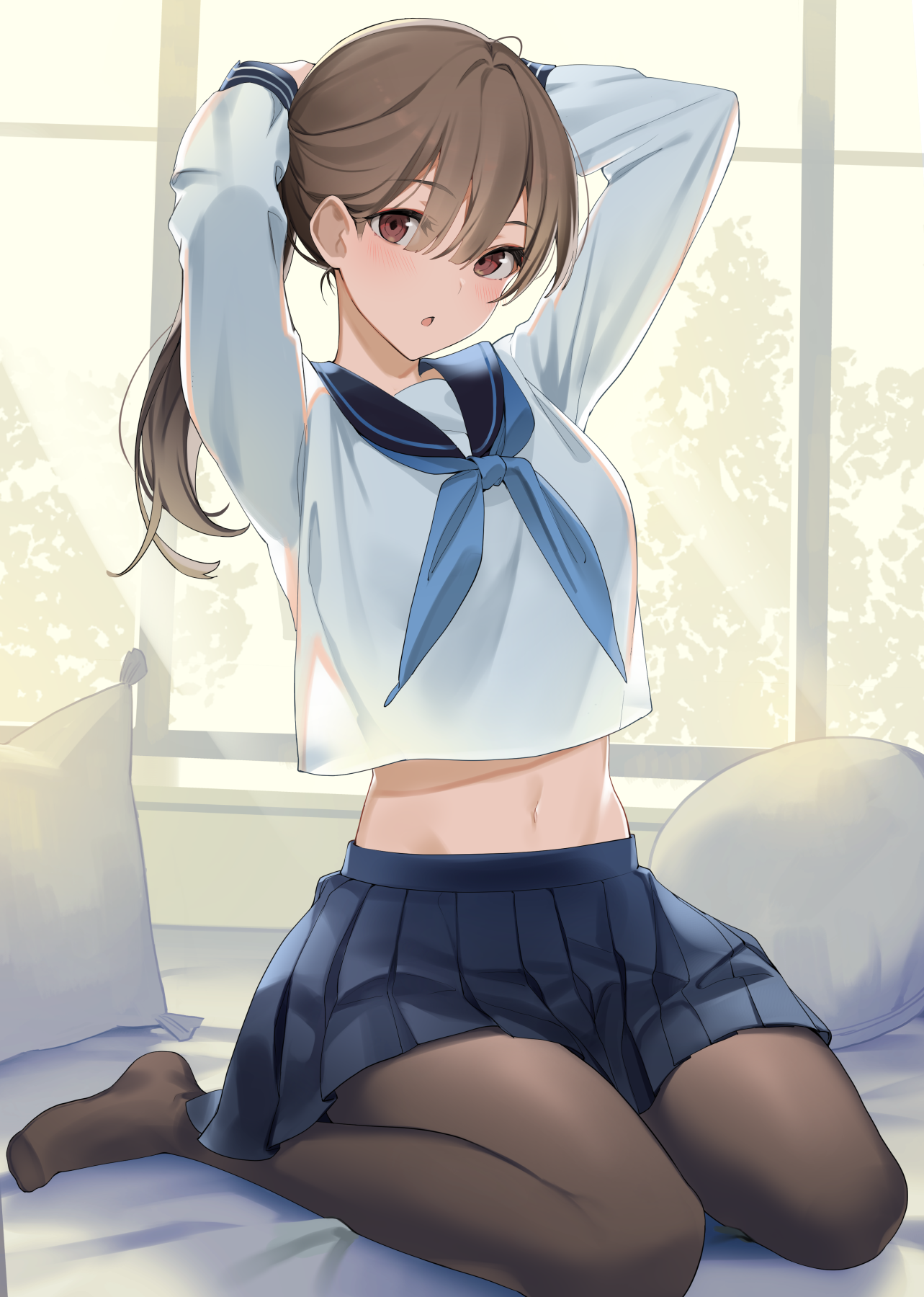 Anime Anime Girls Ikomochi Rswxx School Uniform Arms Up Brunette Brown Eyes Bare Midriff 1283x1800