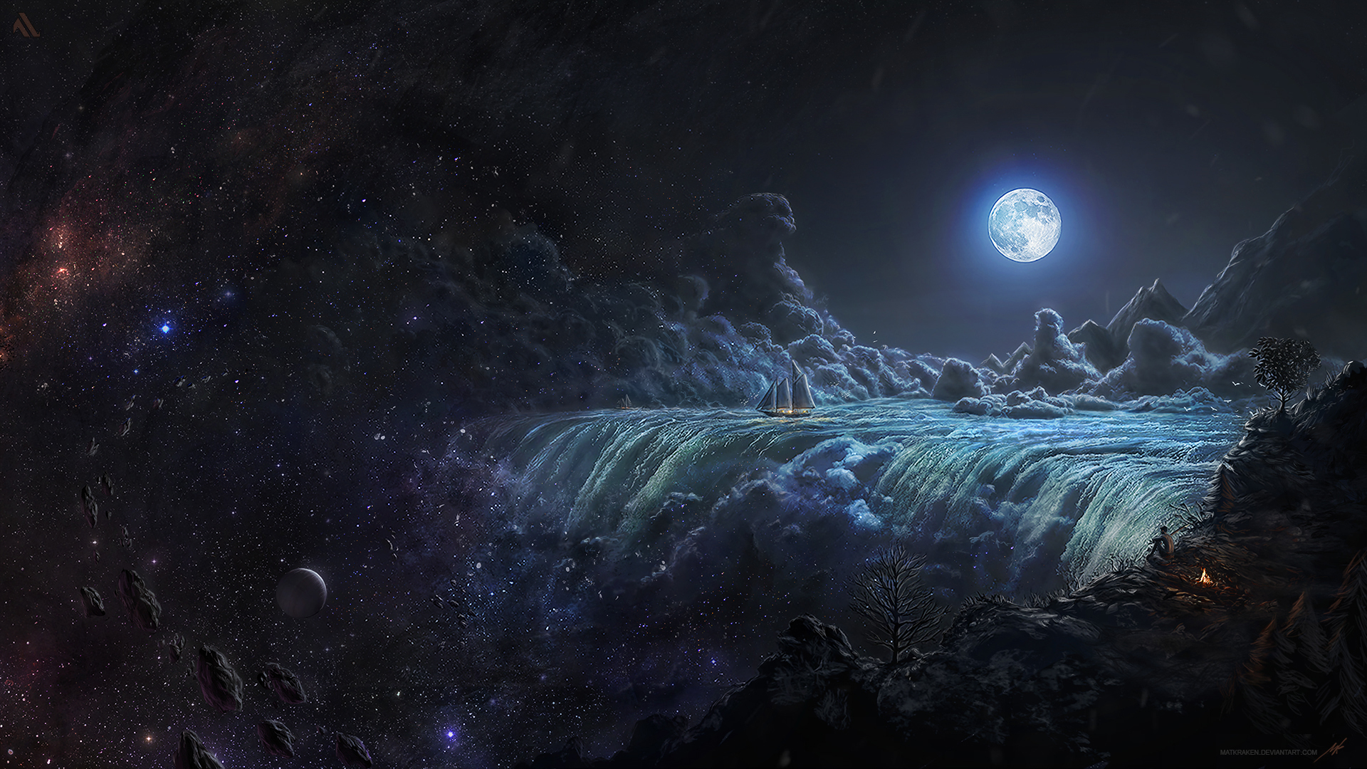 Artwork Fantasy Art Moon Sea Waterfall Space Stars 1920x1080