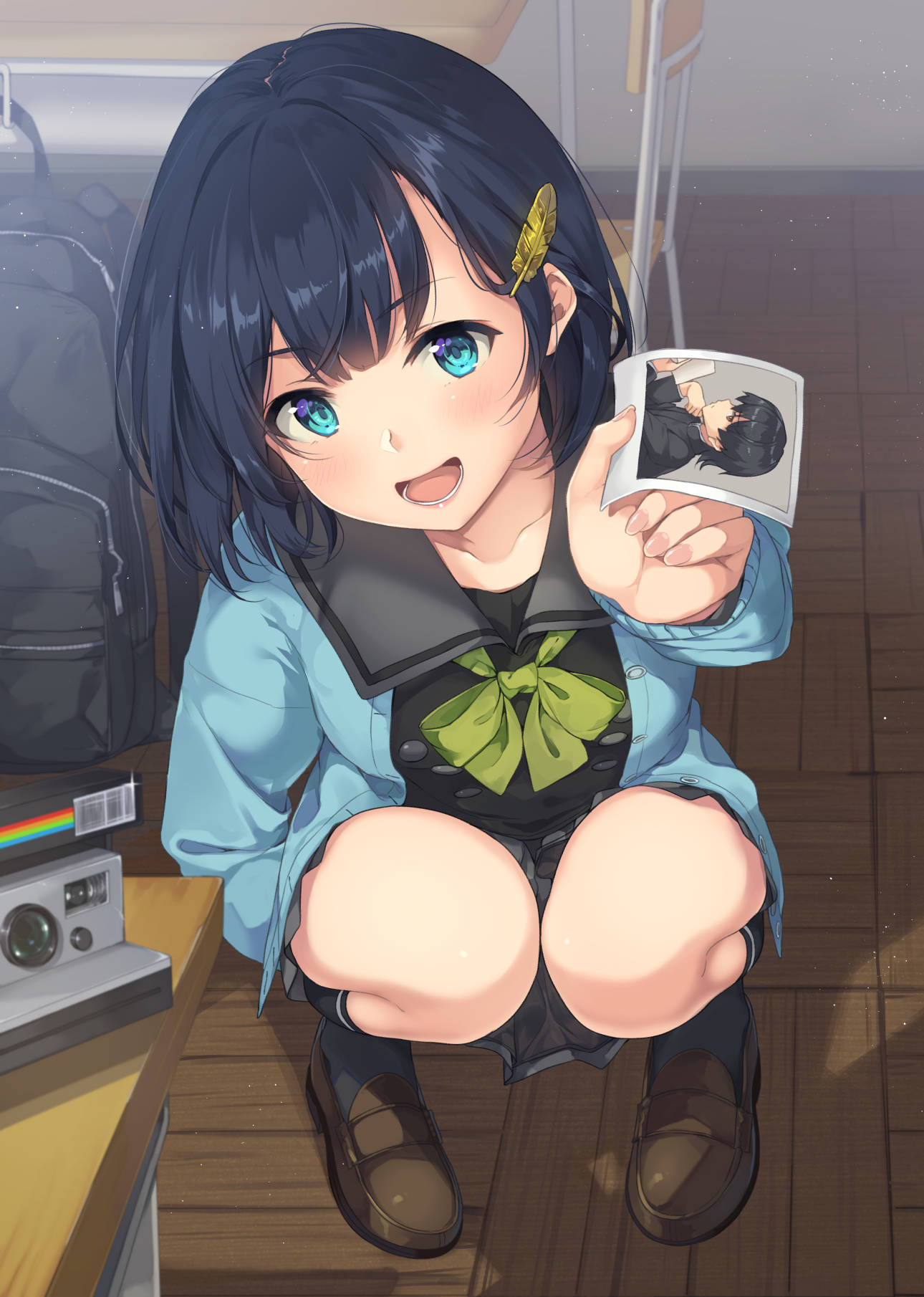 Anime Anime Girls High Angle Photography Pictures Polaroids Polaroid Smiling Open Mouth Blue Eyes Wo 1290x1810