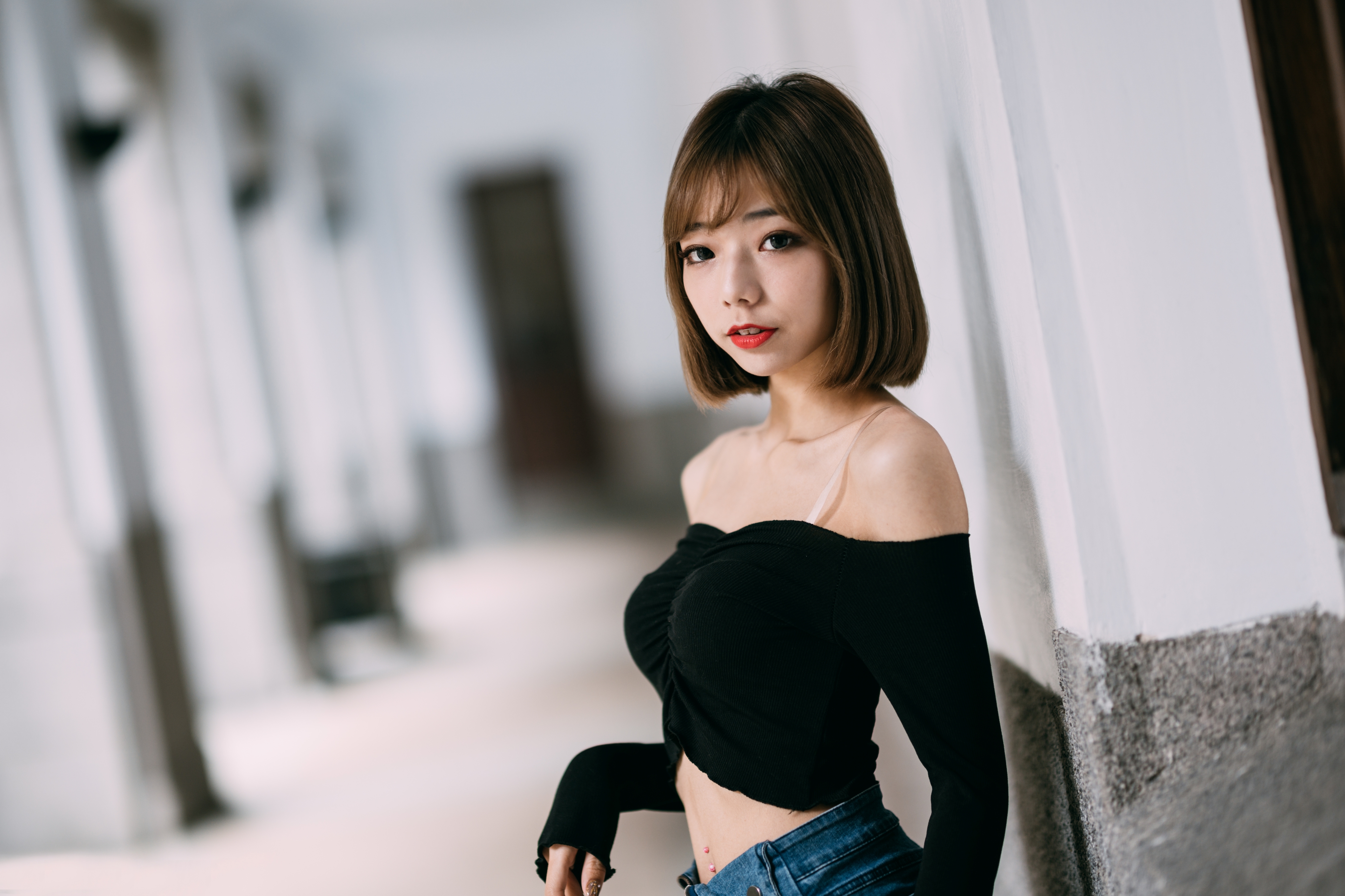 Women Model Asian Brunette Bangs Looking At Viewer Parted Lips Braces Bare Shoulders Black Tops Dept 3840x2560