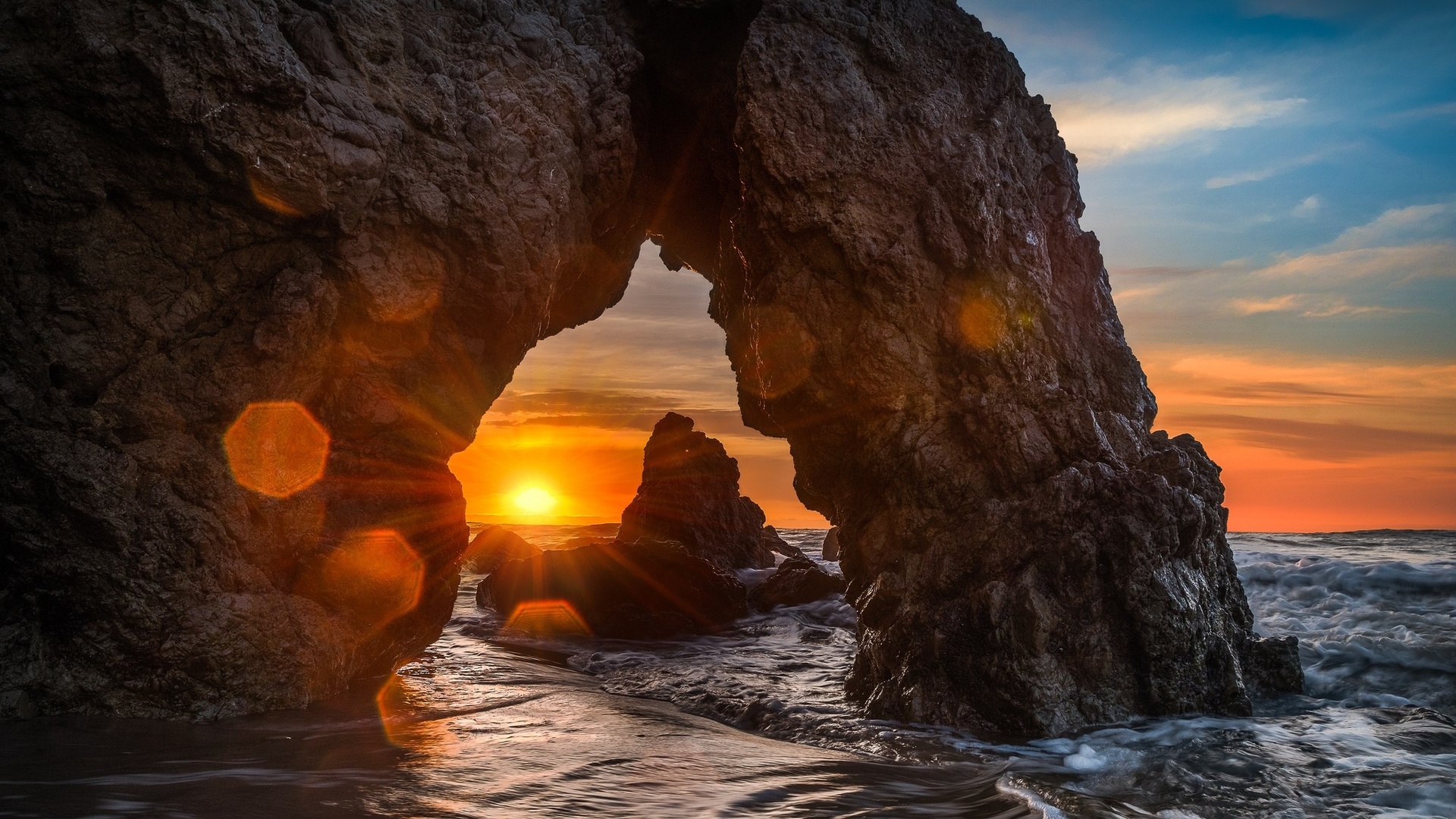 Arch Ocean Rock Sun Sunset 1920x1080