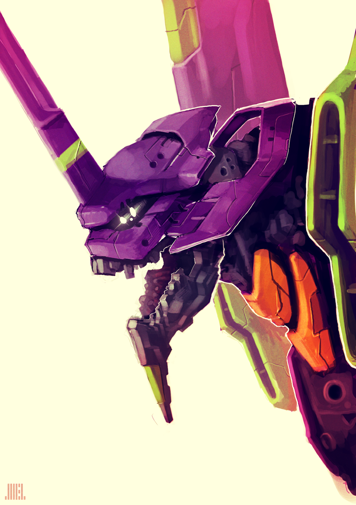 Neon Genesis Evangelion Open Mouth Mech Robot Horns Vertical 2D Anime Simple Background Glowing Eyes 1200x1700