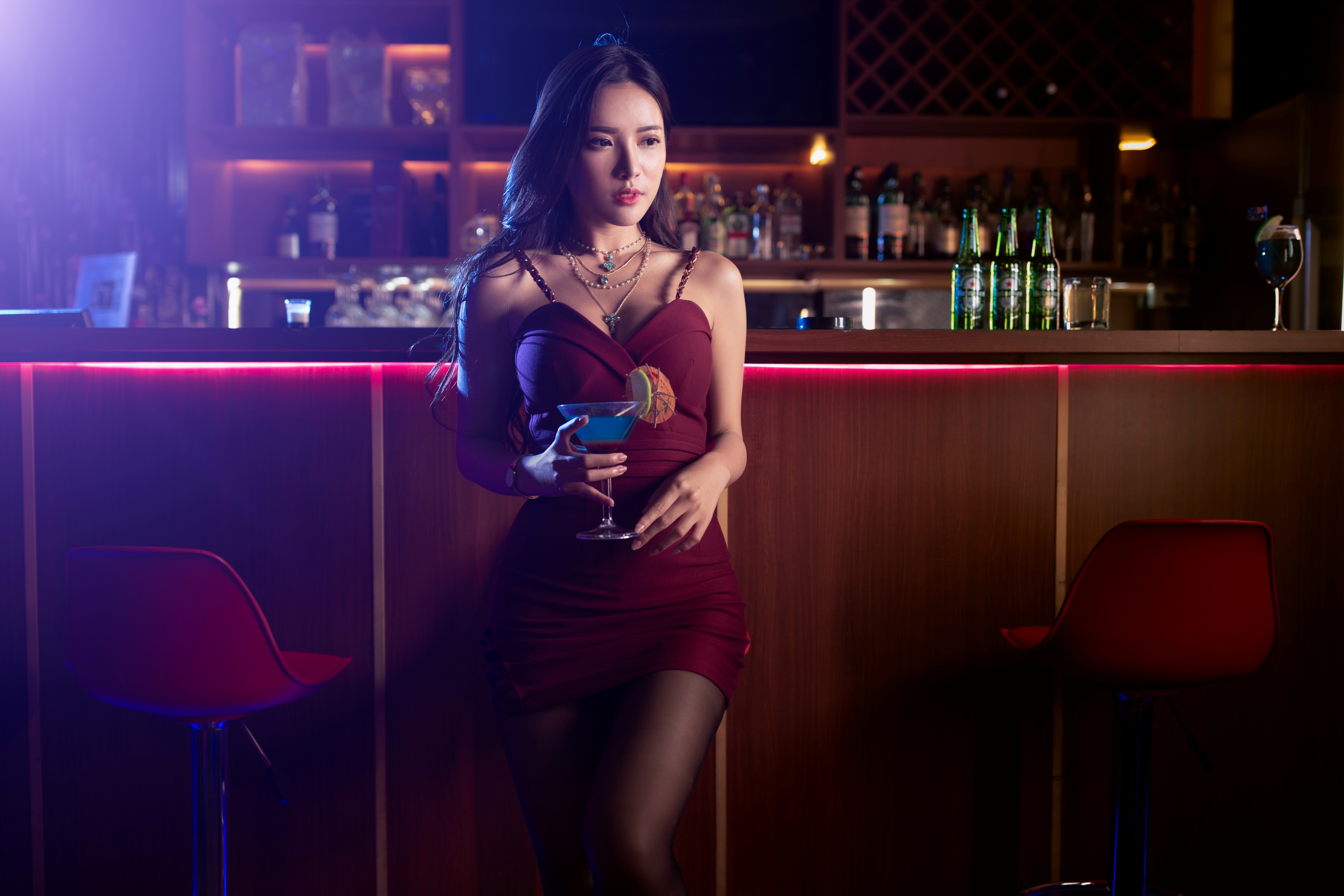 Vivi Babier Women Model Asian Brunette Looking Away Parted Lips Necklace Dress Bar Indoors Women Ind 3840x2560