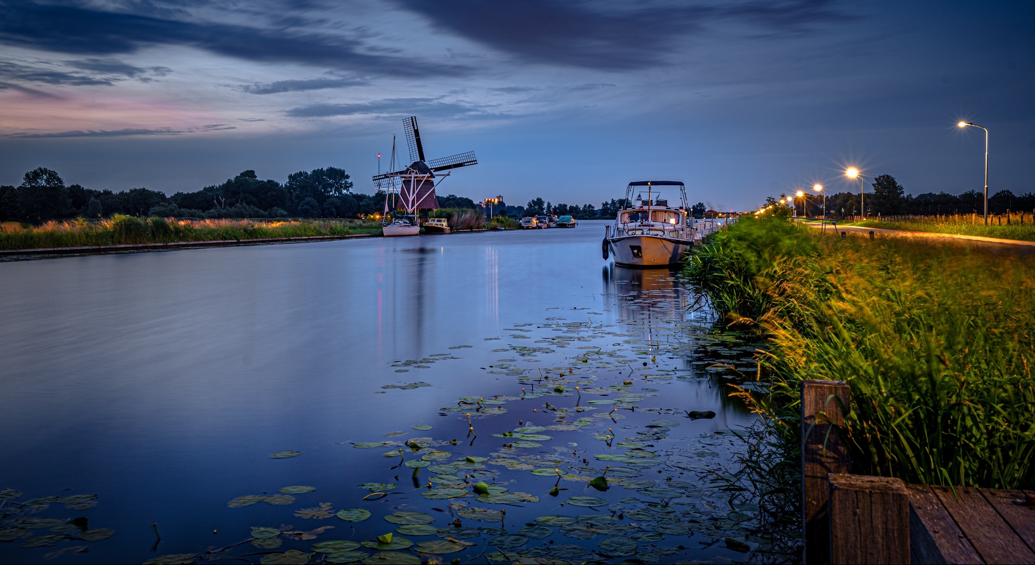 Boat Canal Evening Netherlands 2048x1118