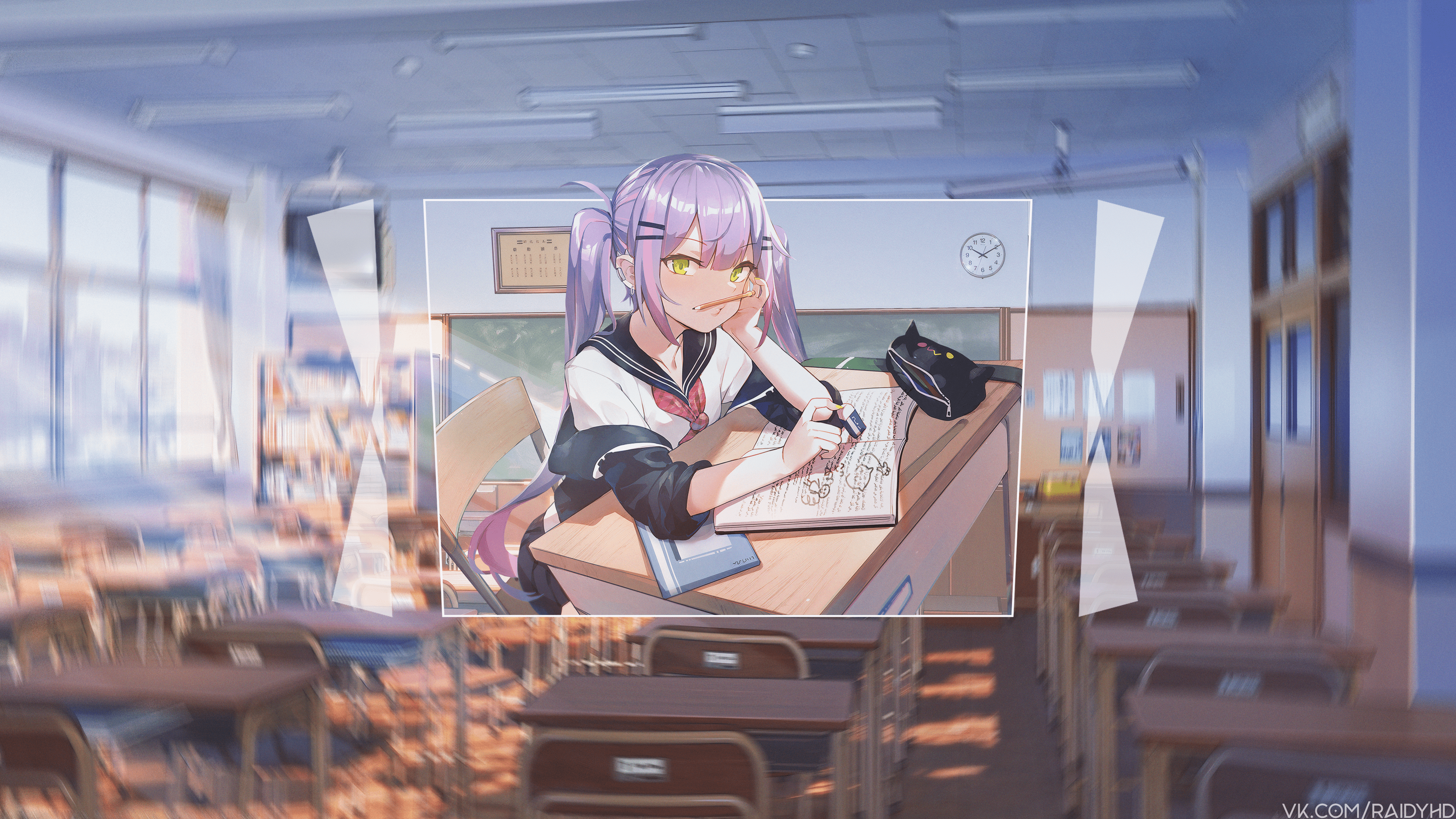 Anime Anime Girls Picture In Picture Purple Hair Pens Green Eyes Sitting Long Hair School 3840x2160