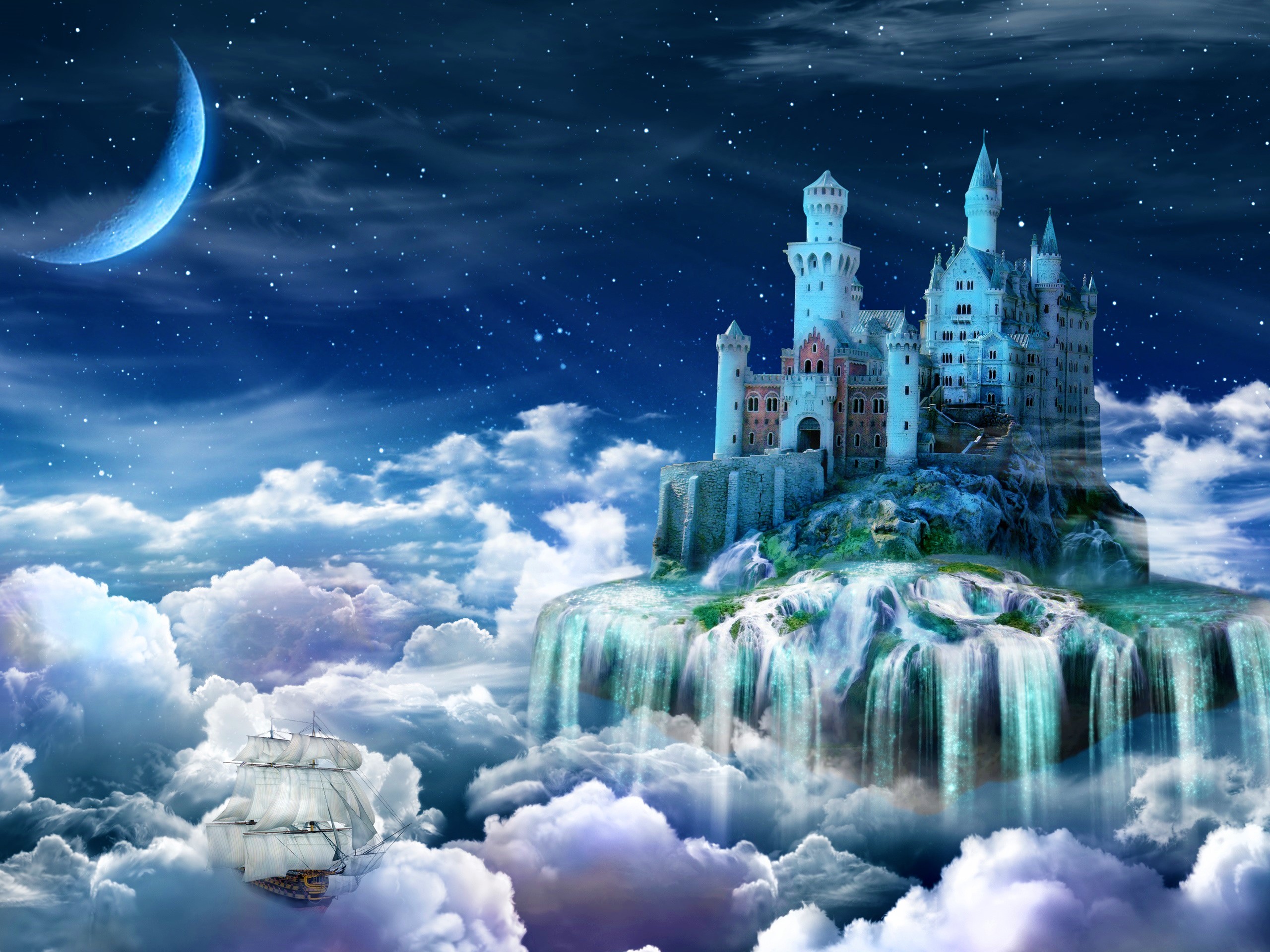 Artistic Castle Cloud Fantasy Moon Sailboat Stars 2560x1920