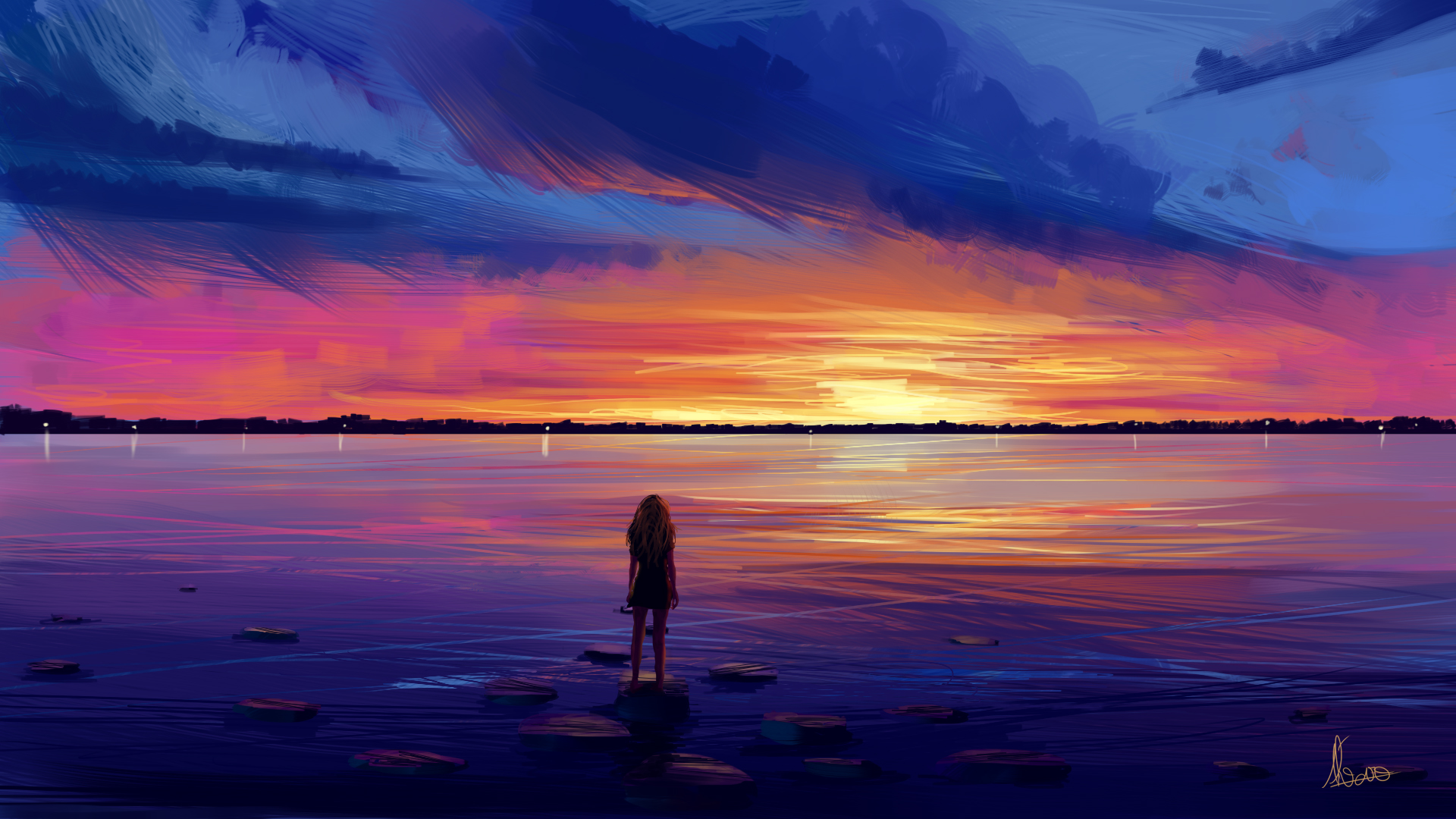 Digital Painting Sunset Landscape Women Sky Clouds Water Alvaroserpa 1920x1080