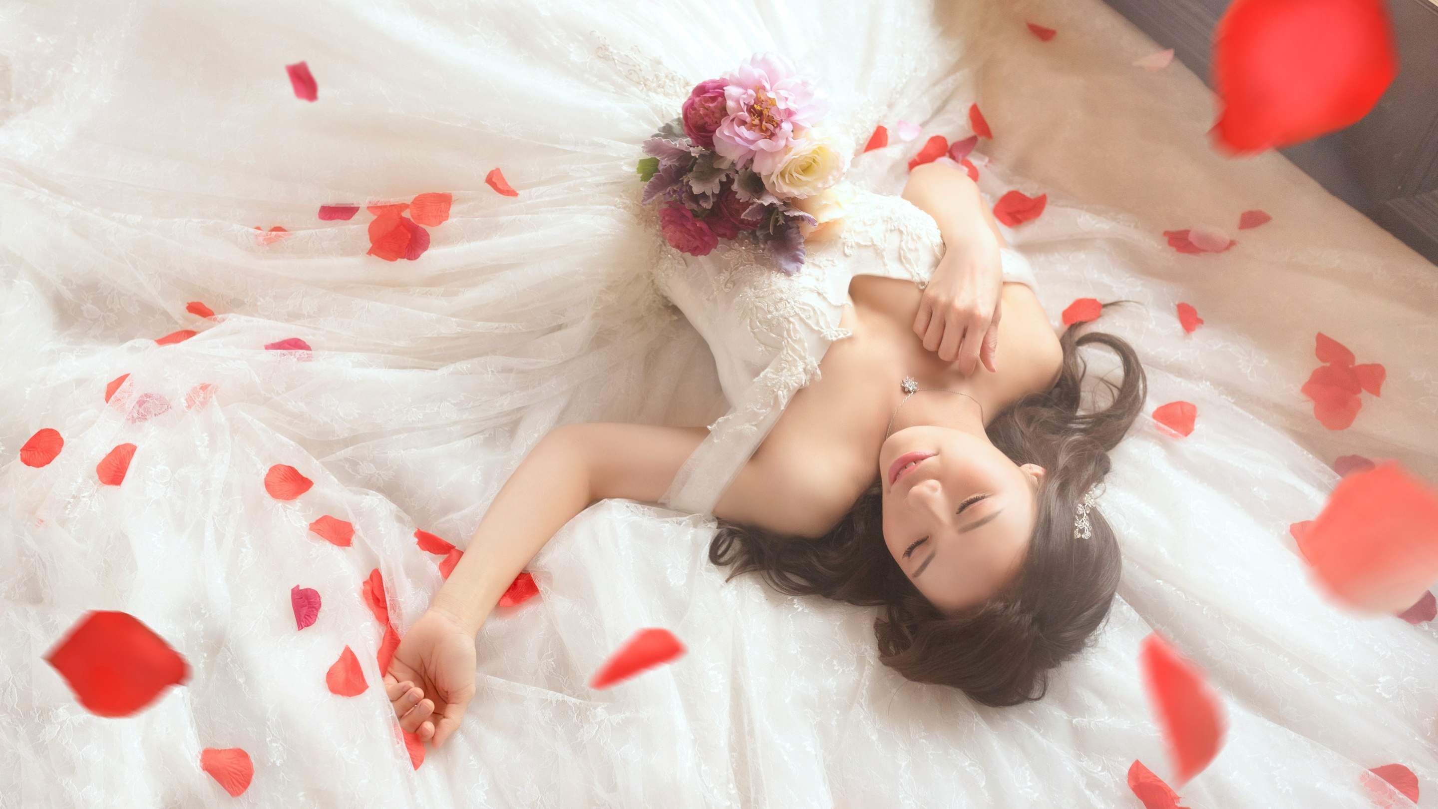 Model Women Asian Red Lipstick Closed Eyes White Dress Lying Down Flowers 2880x1620