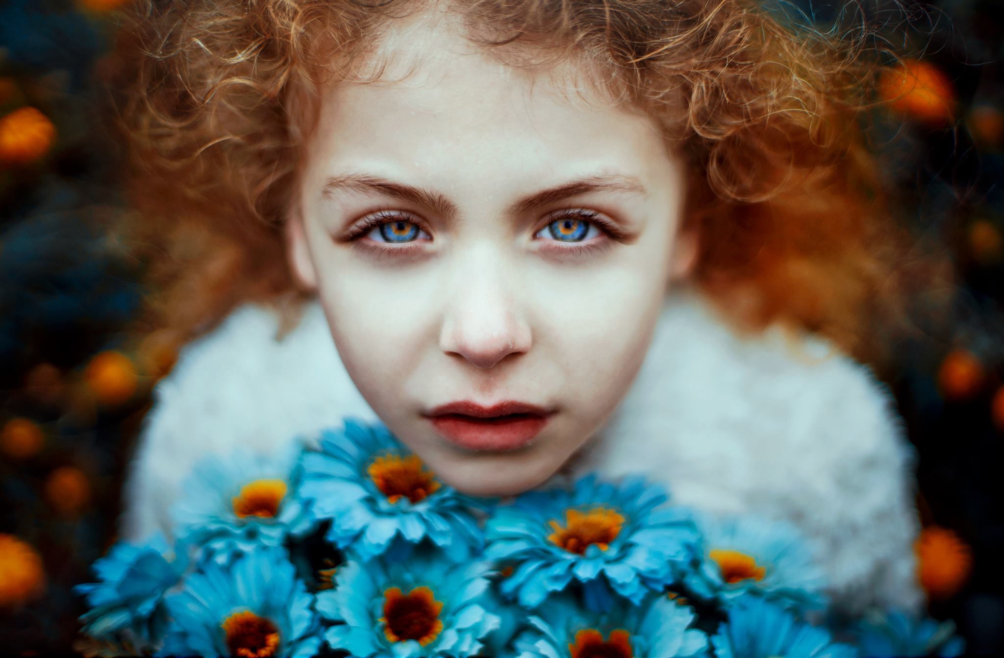 Blue Eyes Blue Flower Face Girl Model Redhead Stare Woman 2048x1344