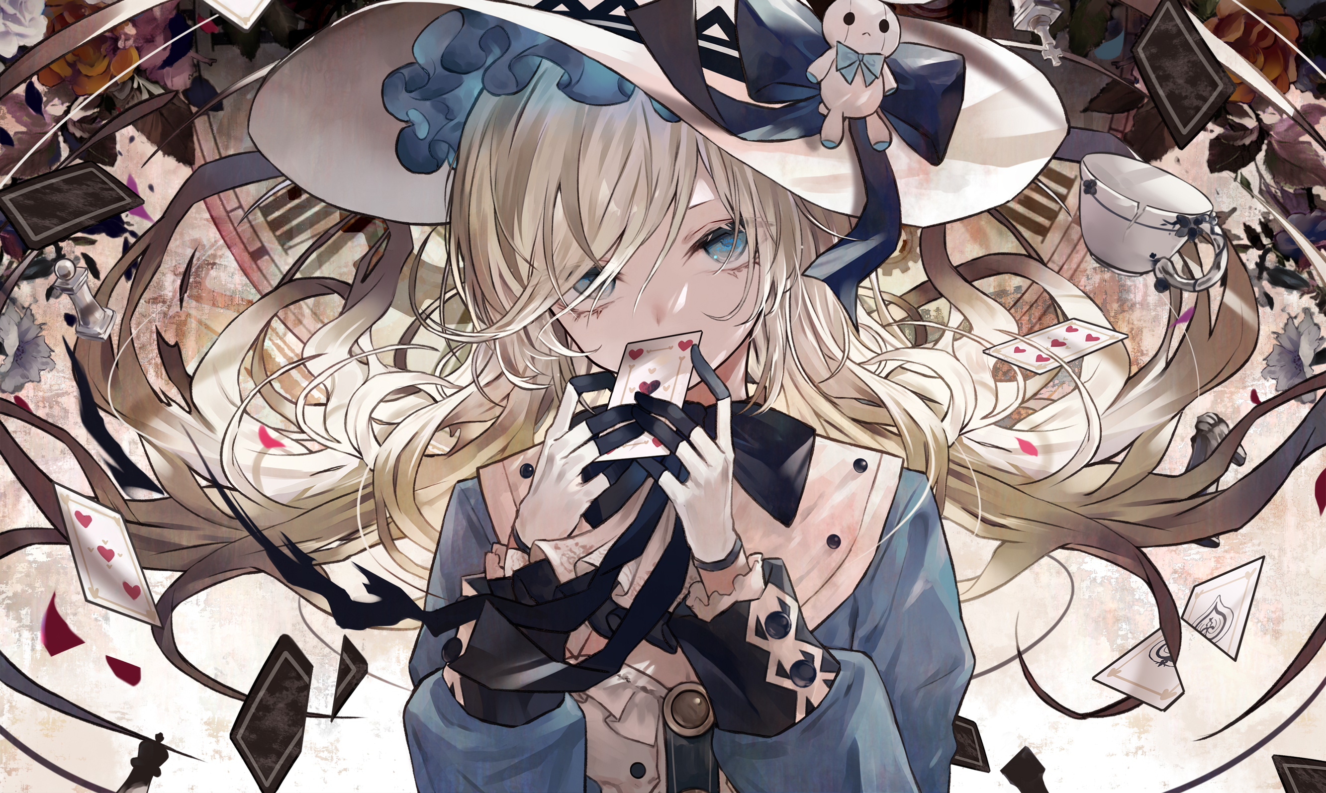 Anime Anime Girls Long Hair Blonde Alice Aqua Eyes Gloves Hat Cards Roses Chess 2666x1595
