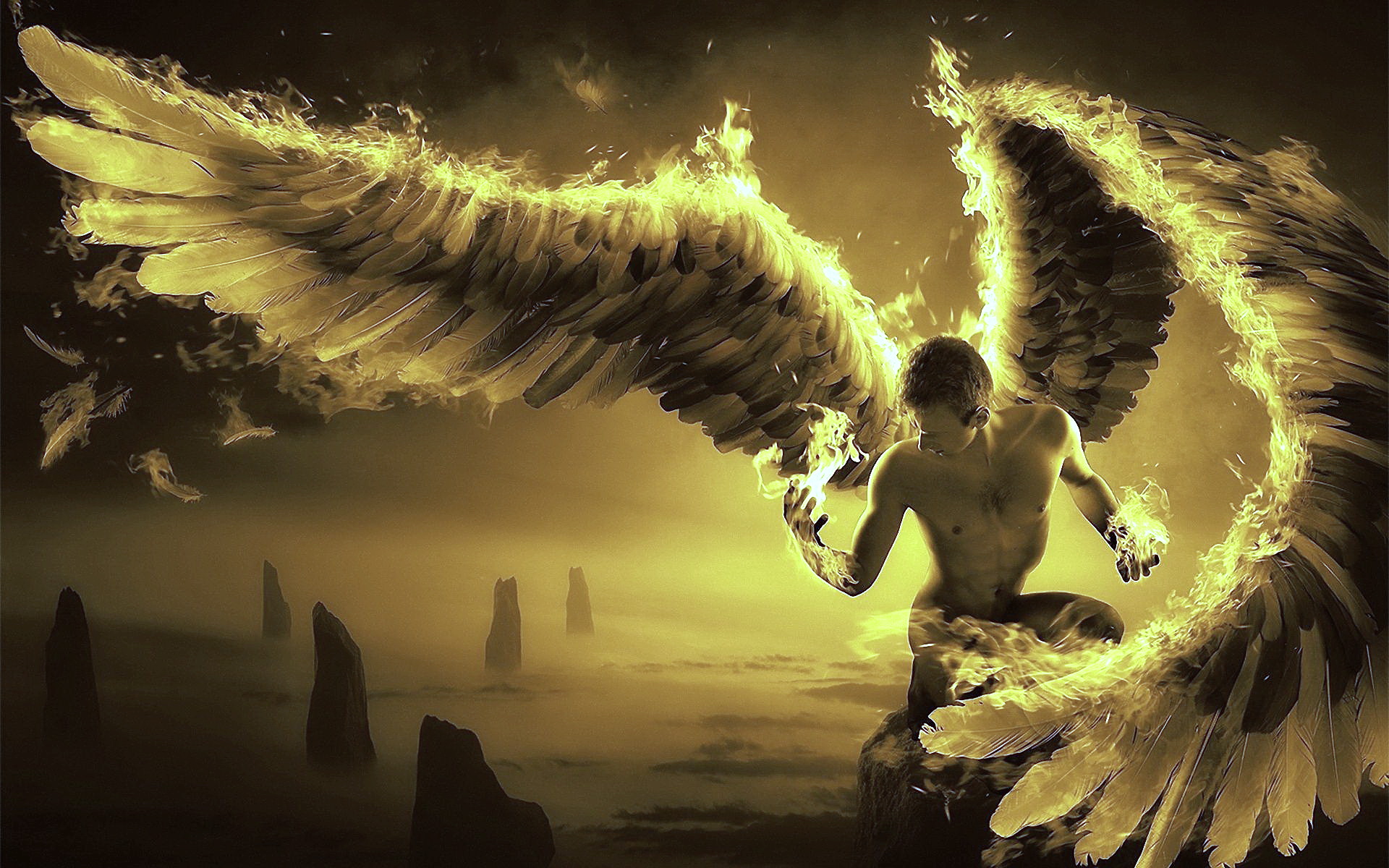 Desktopography Fantasy Men Fantasy Art Angel Fire Wings Artwork Shirtless 1920x1200