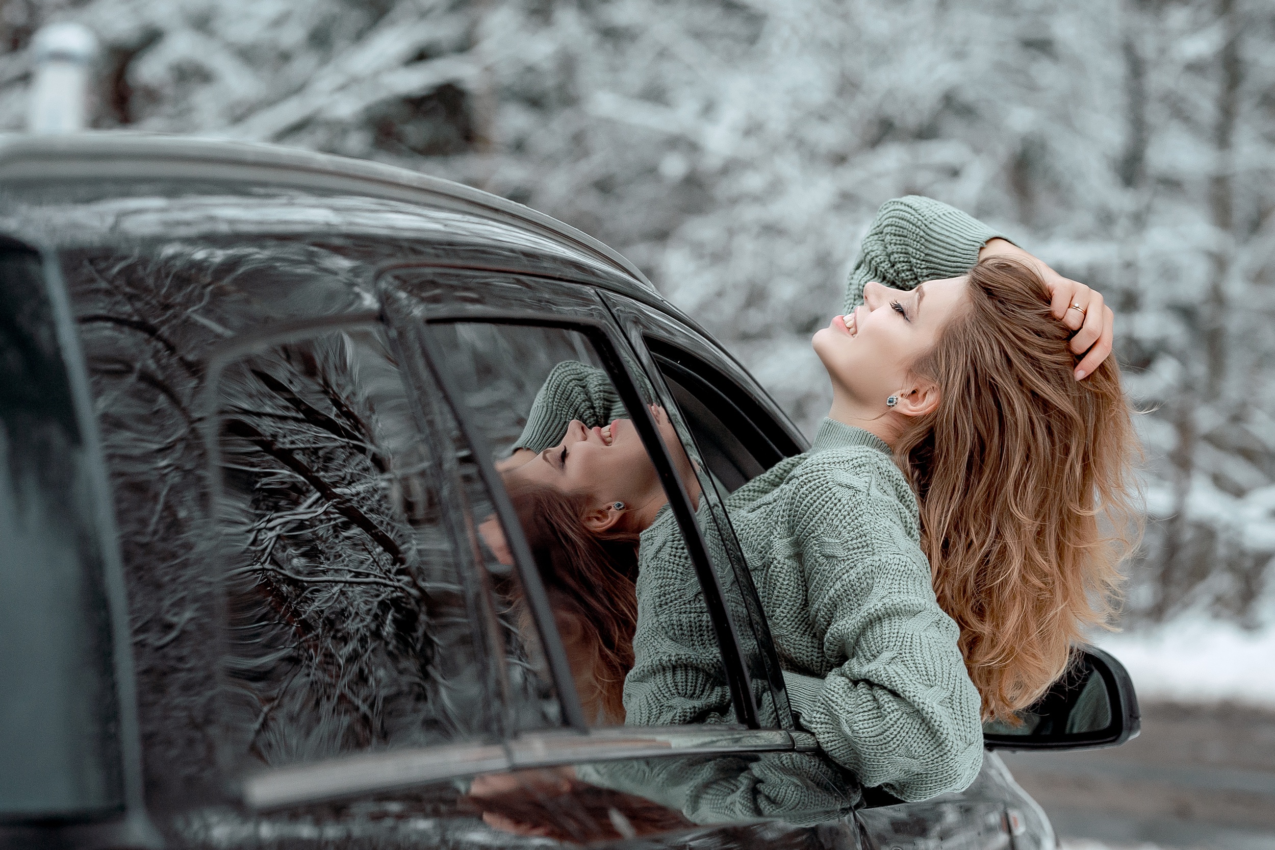Women Car Women With Cars Vehicle Closed Eyes Reflection Long Hair Smiling Hands In Hair Sweater 2500x1666
