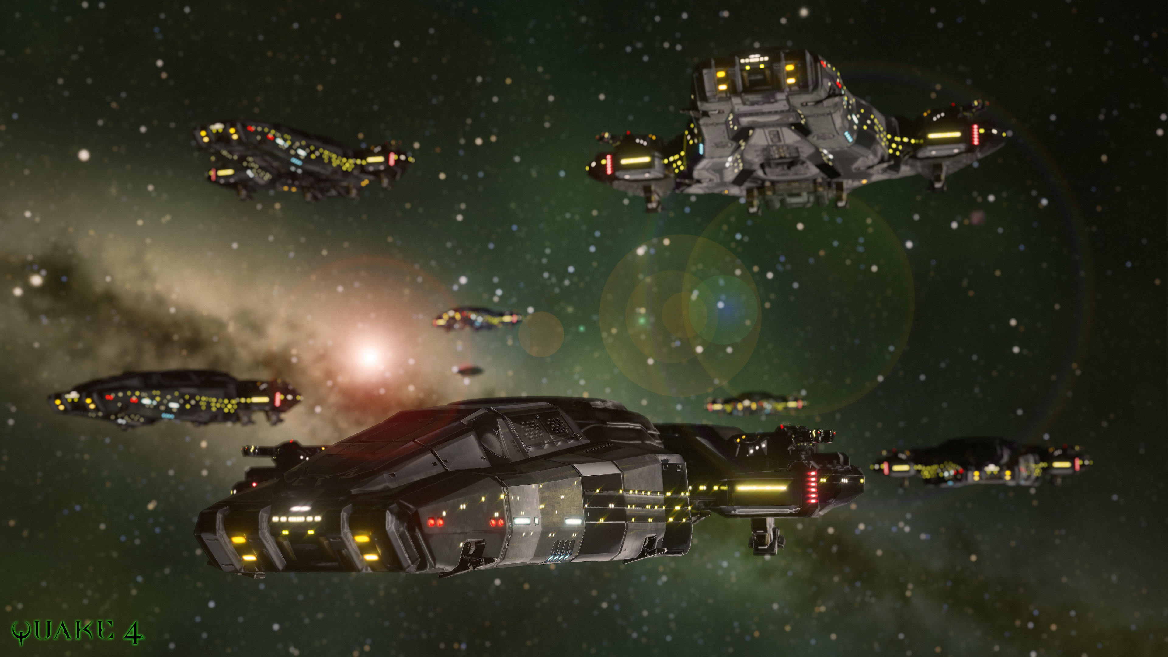 Quake 4 Space Galaxy Spaceship Stars Lights Vehicle MCC Ship 3840x2160