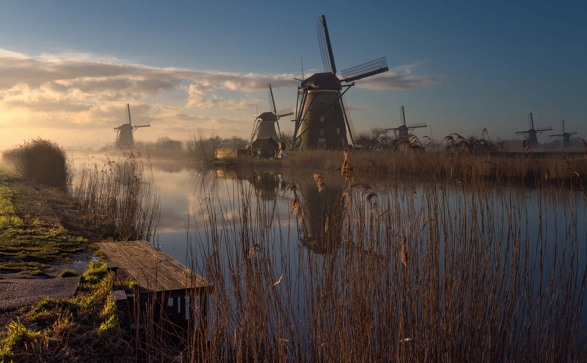 Fog Netherlands Reflection River Windmill 1920x1188