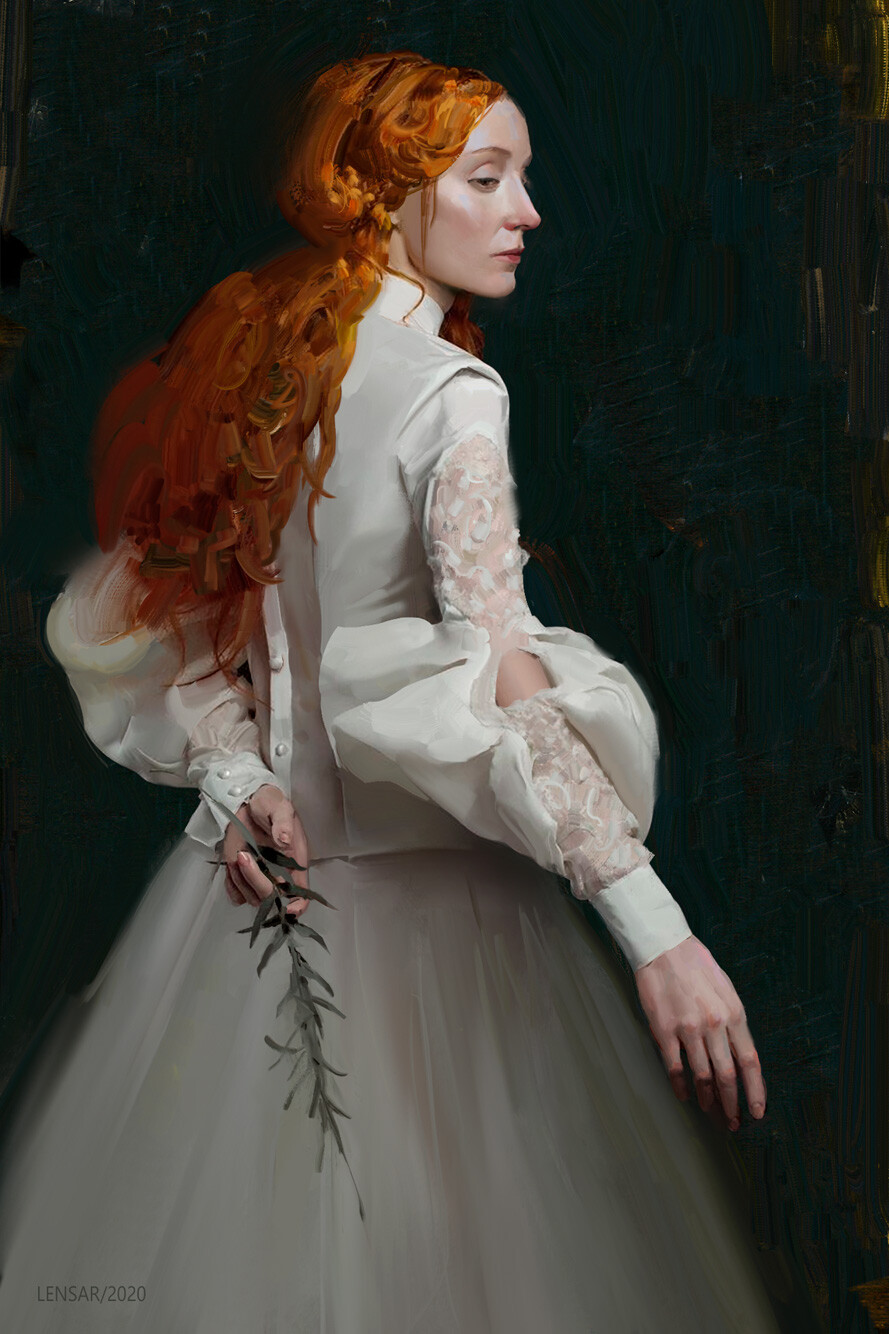 Alexander Borodin Women Redhead Dress White Dress Artwork Standing Long Hair 2020 Year 889x1334