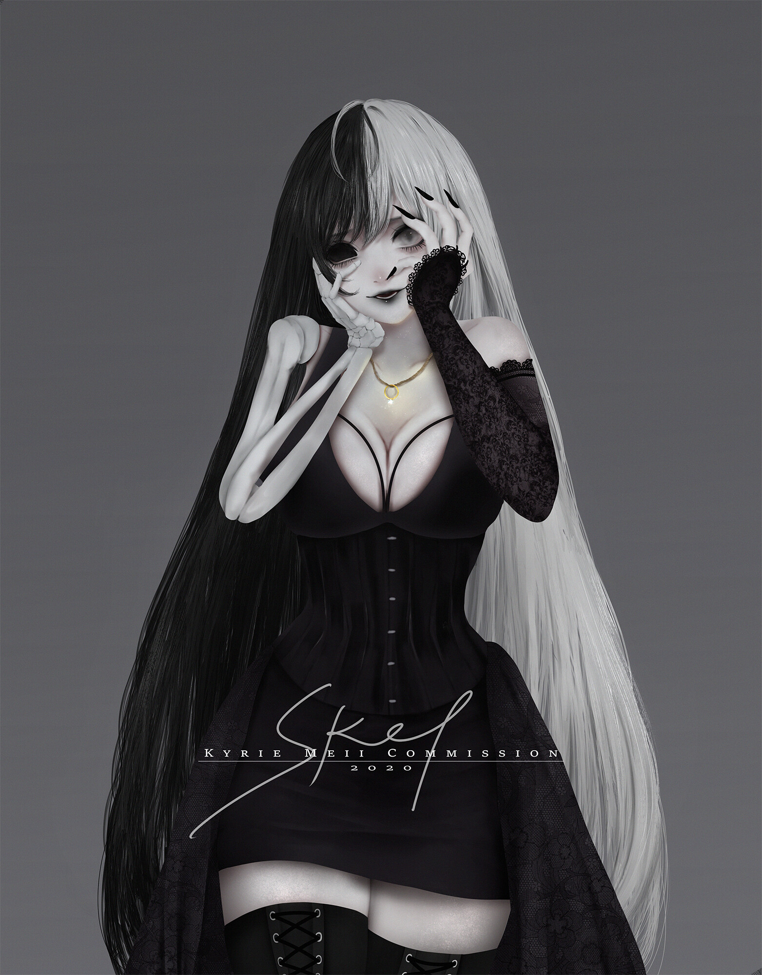 Anime Anime Girls Kyrie Meii White Hair Black Hair Dark Hair Light Hair Black Clothes Black Clothing 1563x2000