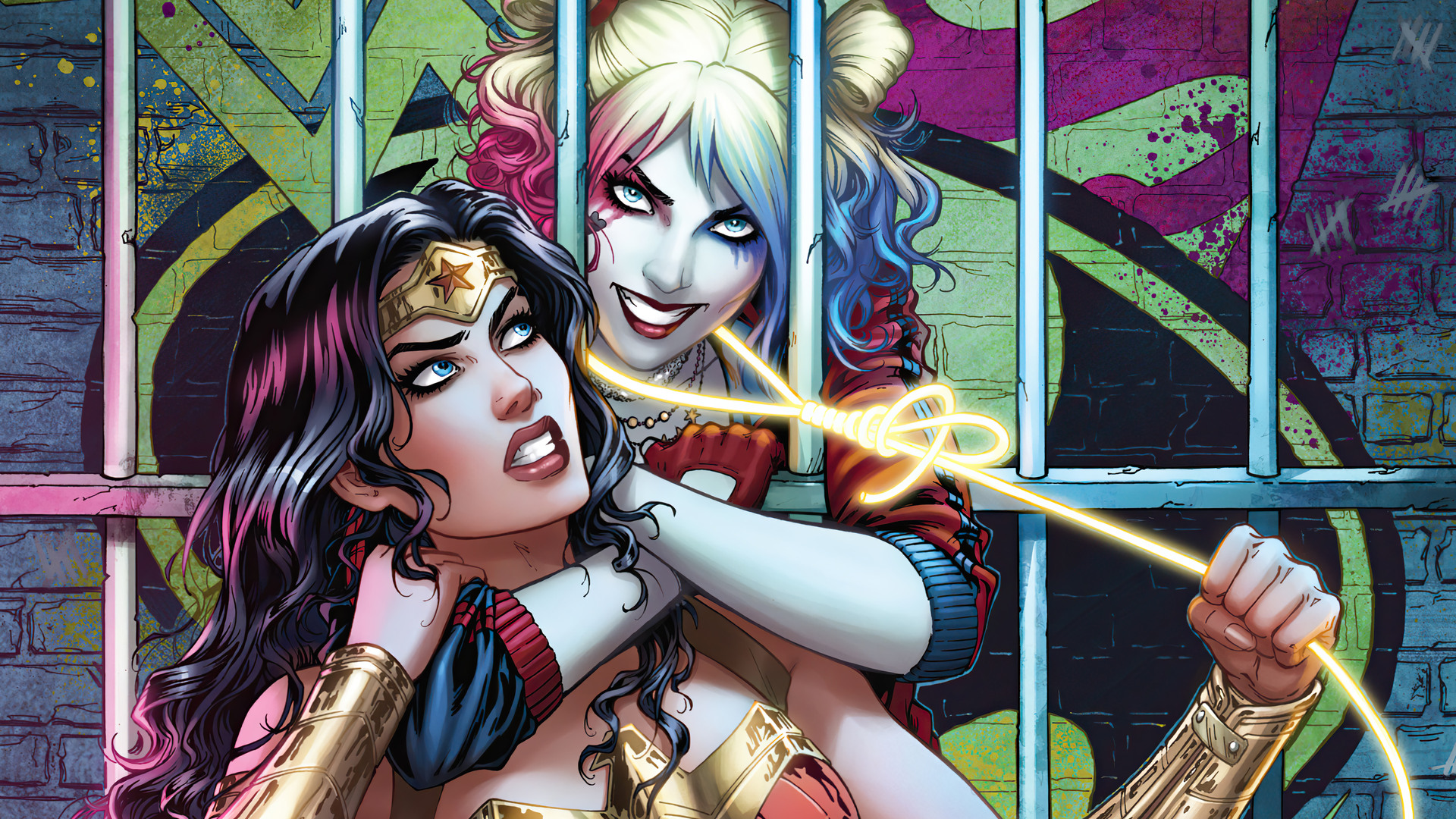 Harley Quinn Wonder Woman DC Comics Superhero Superheroines Blue Eyes Dyed Hair Comics Comic Art Fan 1920x1080