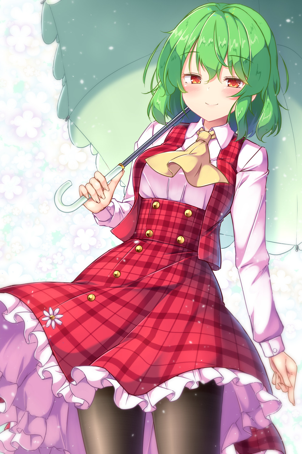 Anime Girls Touhou Kazami Yuuka Aka Tawashi Green Hair Smiling Dress Black Pantyhose Umbrella 996x1500